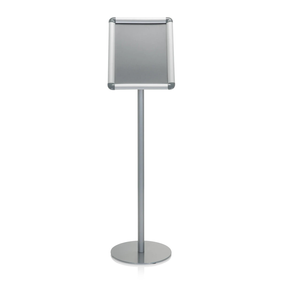 Zilveren Posterstandaard AGENDA I met vierkant frame en ronde voet van hjh OFFICE – 360-gradenweergave (vooraanzicht 0°)