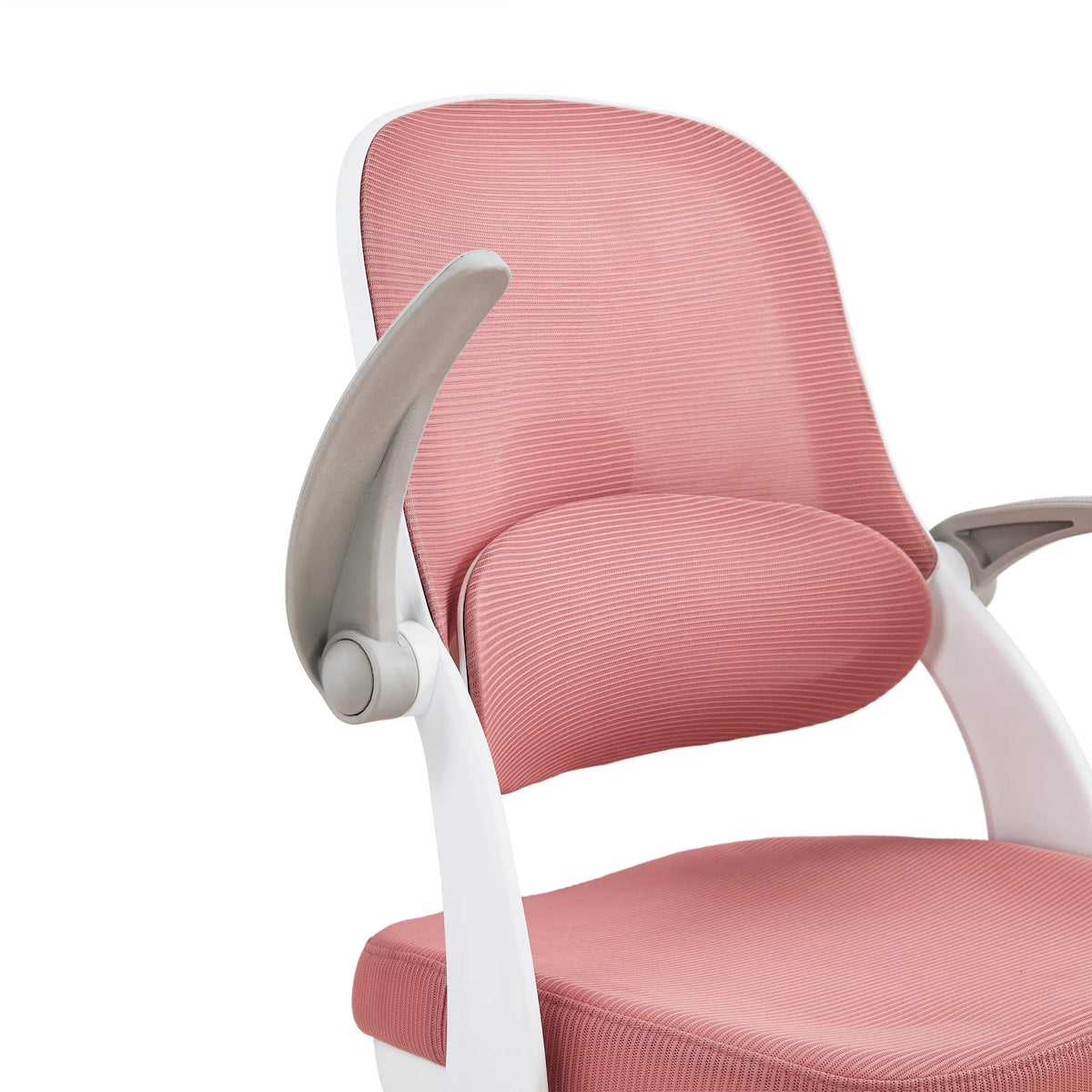 Roze gestructureerde stofbekleding en grijze armleuning van de Kiddy Smart Step kinder bureaustoel van hjh OFFICE