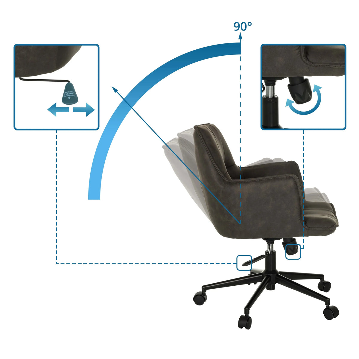 Verstelmechanismen en kantelhoek van de SOLAO LIFE thuisgebruik bureaustoel van hjh LIVING
