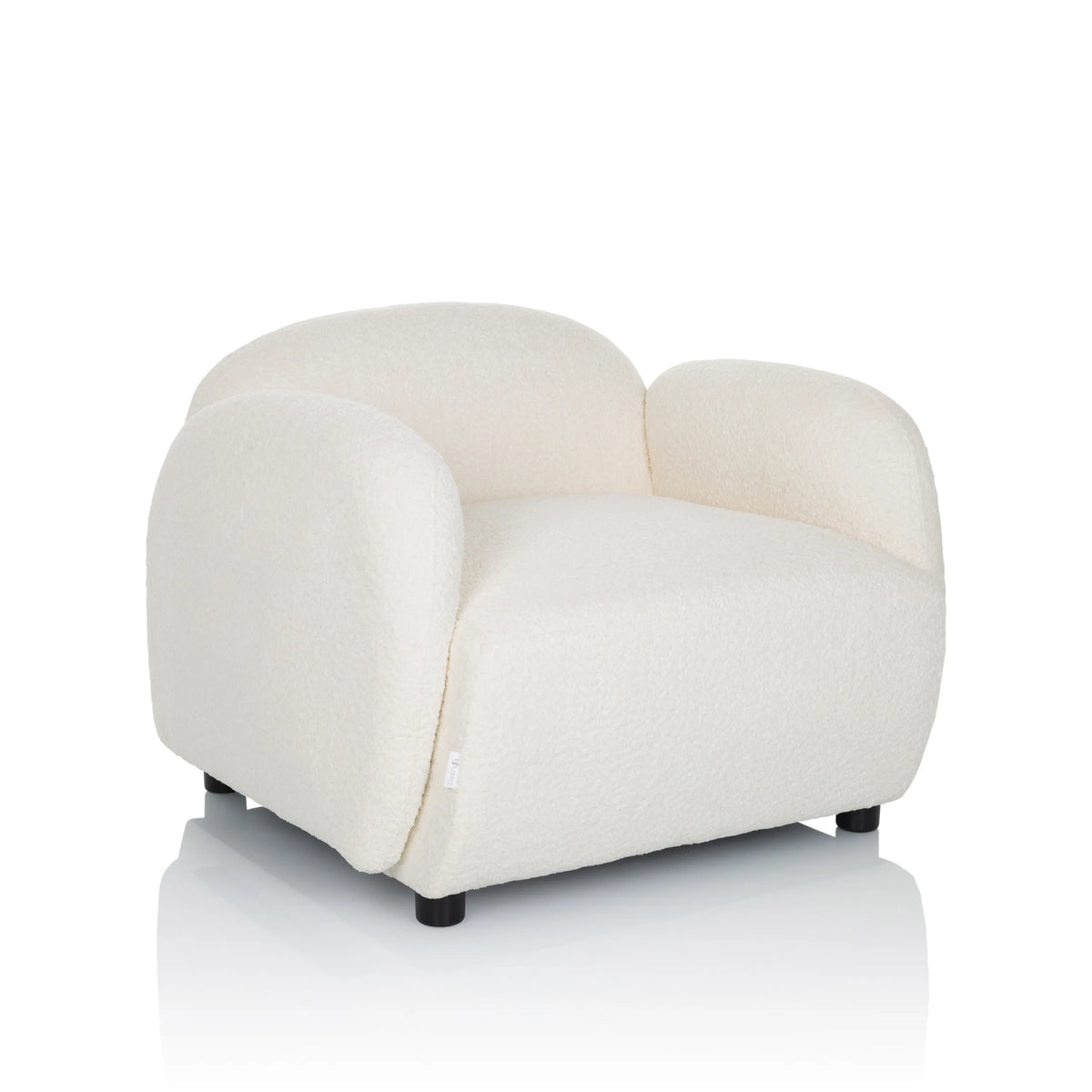Witte Lounge stoel VERDUNA met gestructureerde stofbekleding en korte zwarte poten van hjh LIVING – 360-gradenweergave (schuin vooraanzicht 30°)