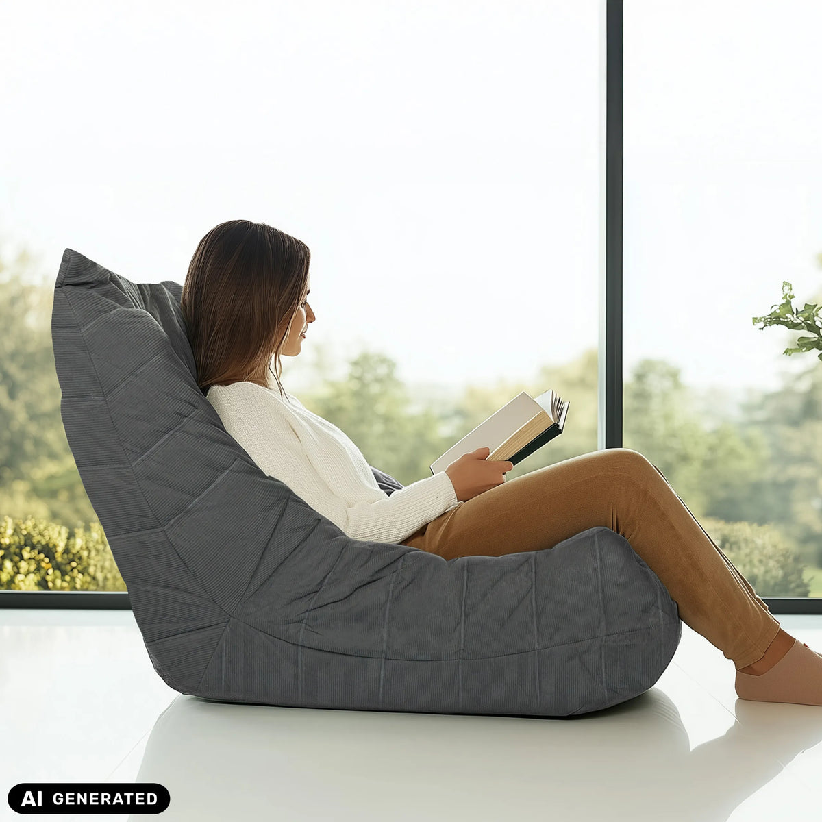 Grijze Sitzolo loungestoel met corduroy bekleding van hjh LIVING (AI-gegenereerde afbeelding)