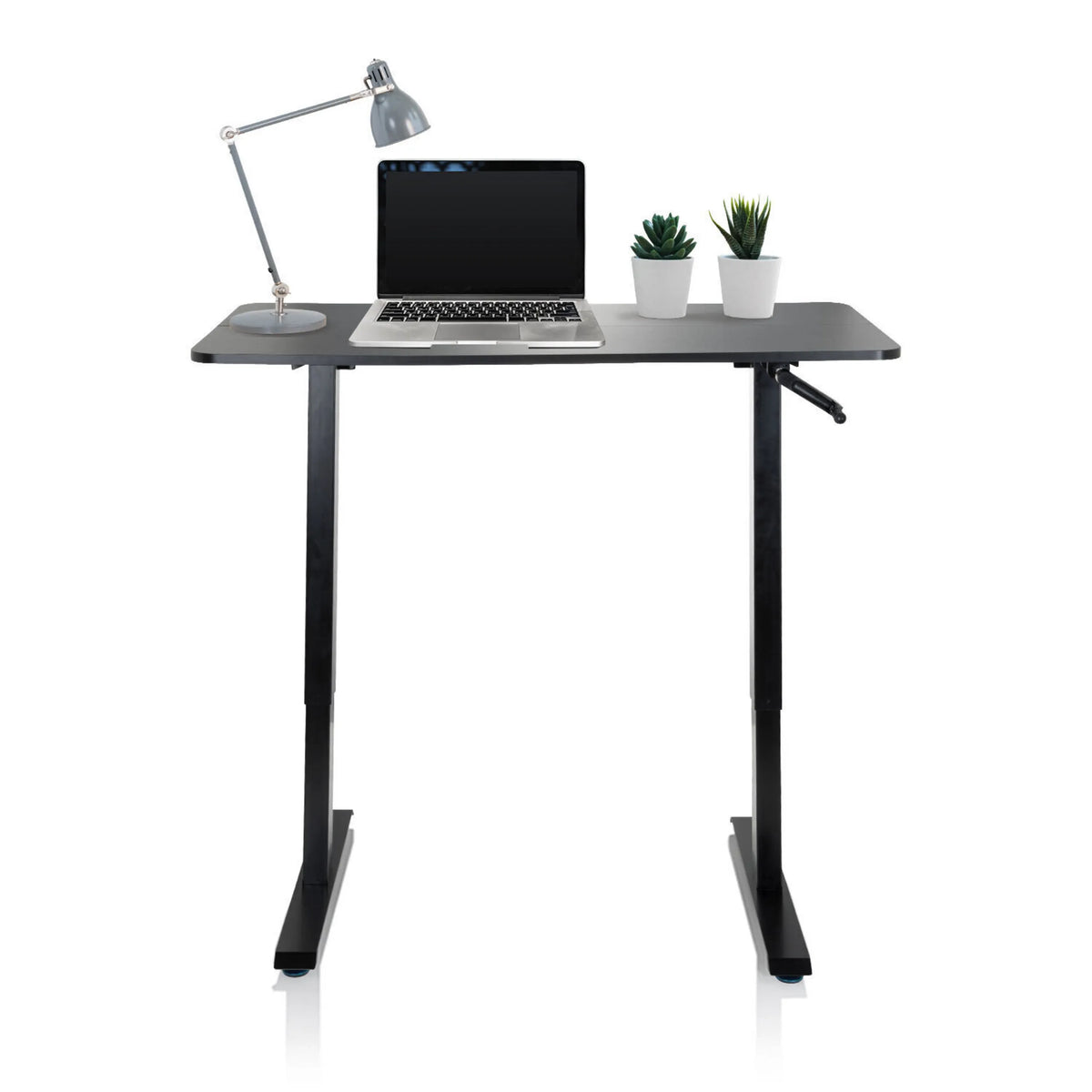 Zwart Zit- Sta bureau STAND CR met laptop, bureaulamp en twee kleine planten van hjh OFFICE
