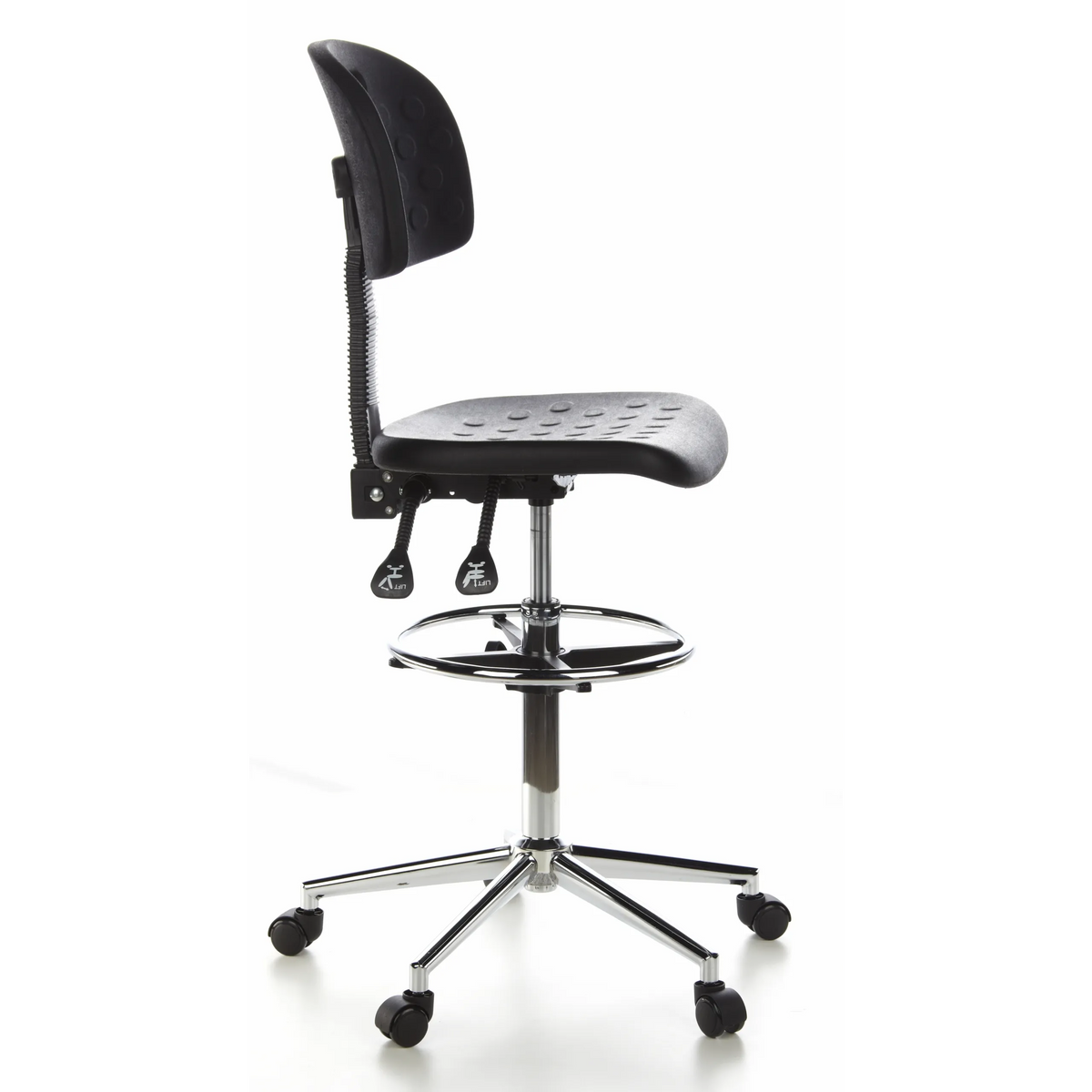 Zwarte Baliestoel TOP WORK 23 met voetring en vijfsterrenvoet met wielen van hjh OFFICE – 360-gradenweergave (zijaanzicht 80°)