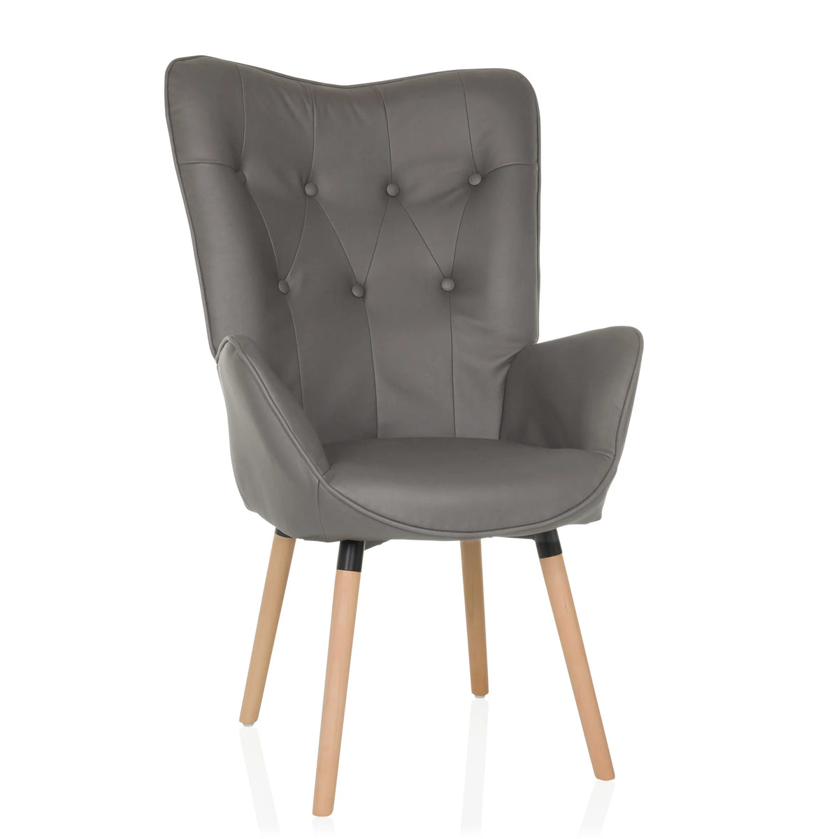 Grijze Gestoffeerde fauteuil HAVENIO I met knoopdetails, armleuningen en vier houten poten van hjh LIVING – 360-gradenweergave (vooraanzicht 15°)