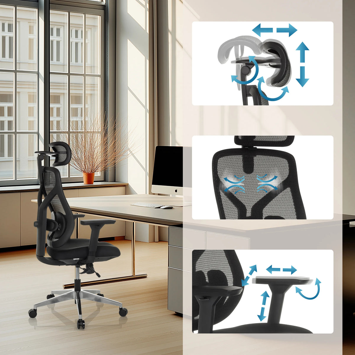 Verstelbare armleuningen en rugleuning van de High end bureaustoel CASSILIS B van hjh OFFICE
