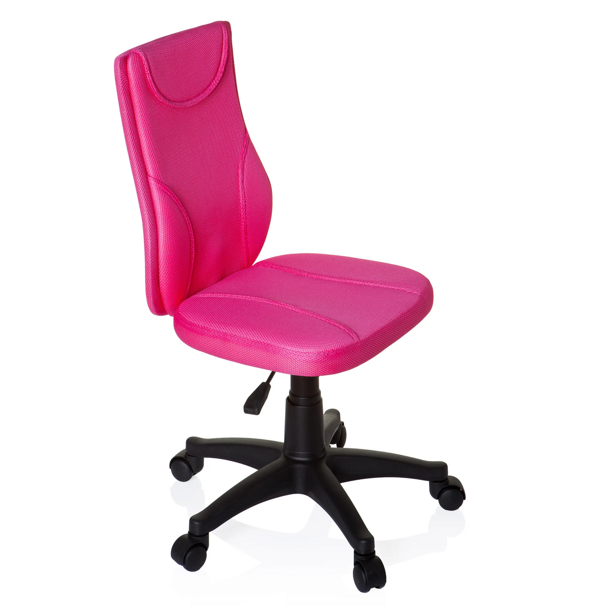 Roze Kinder bureaustoel KIDDY BASE met netrug en zwart vijfpootkruis met wieltjes van hjh OFFICE – 360-gradenweergave (schuin vooraanzicht 60°)