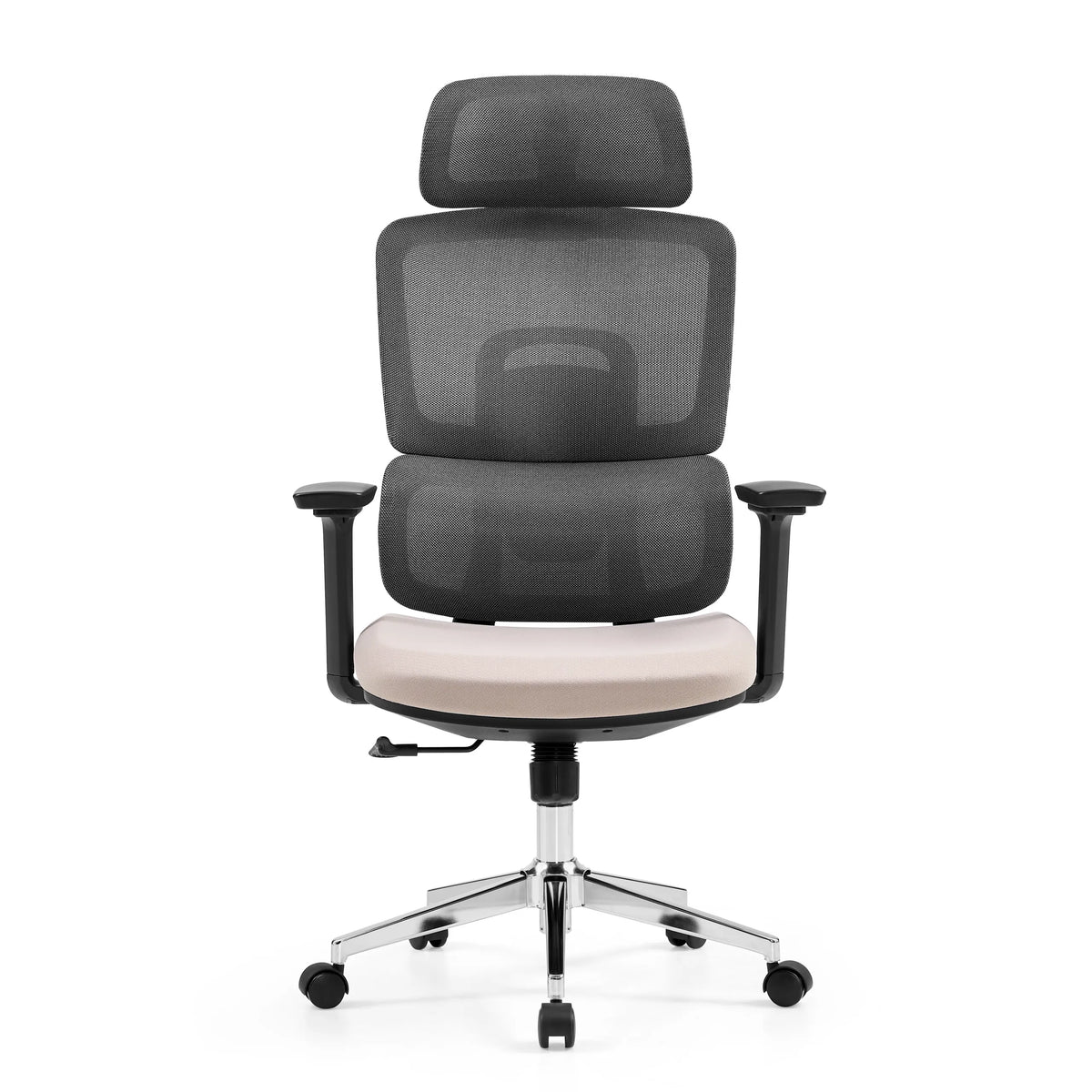 Donkergrijze professionele bureaustoel Ergomy Pro met beige zitting, netrugleuning en vijfpoot met zwenkwielen van hjh OFFICE – 360-gradenweergave (vooraanzicht 0°)