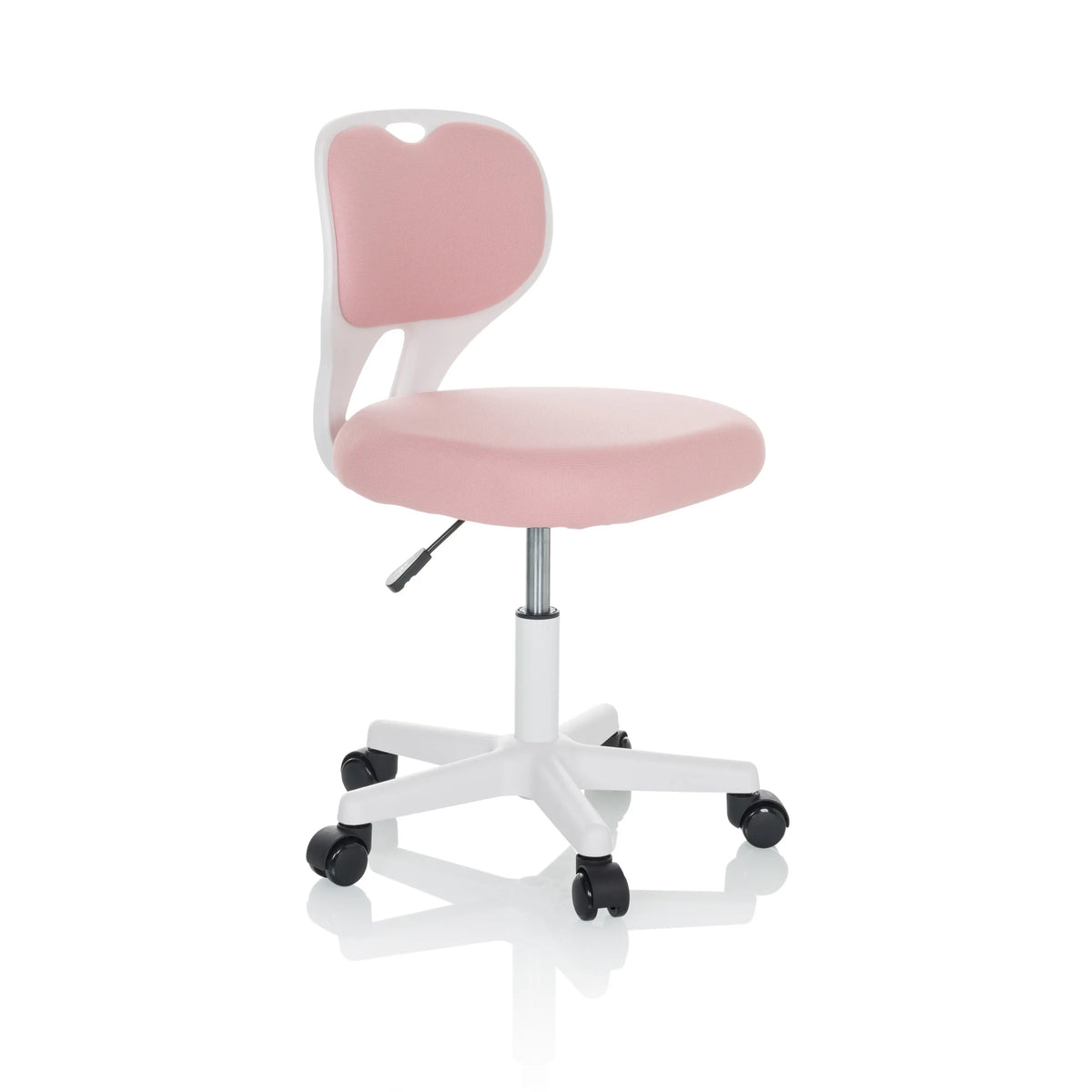 Roze Kinder bureaustoel KIDDY TOP W met wit frame en vijfsterrenvoet met zwenkwielen van hjh OFFICE – 360-gradenweergave (schuin vooraanzicht 60°)