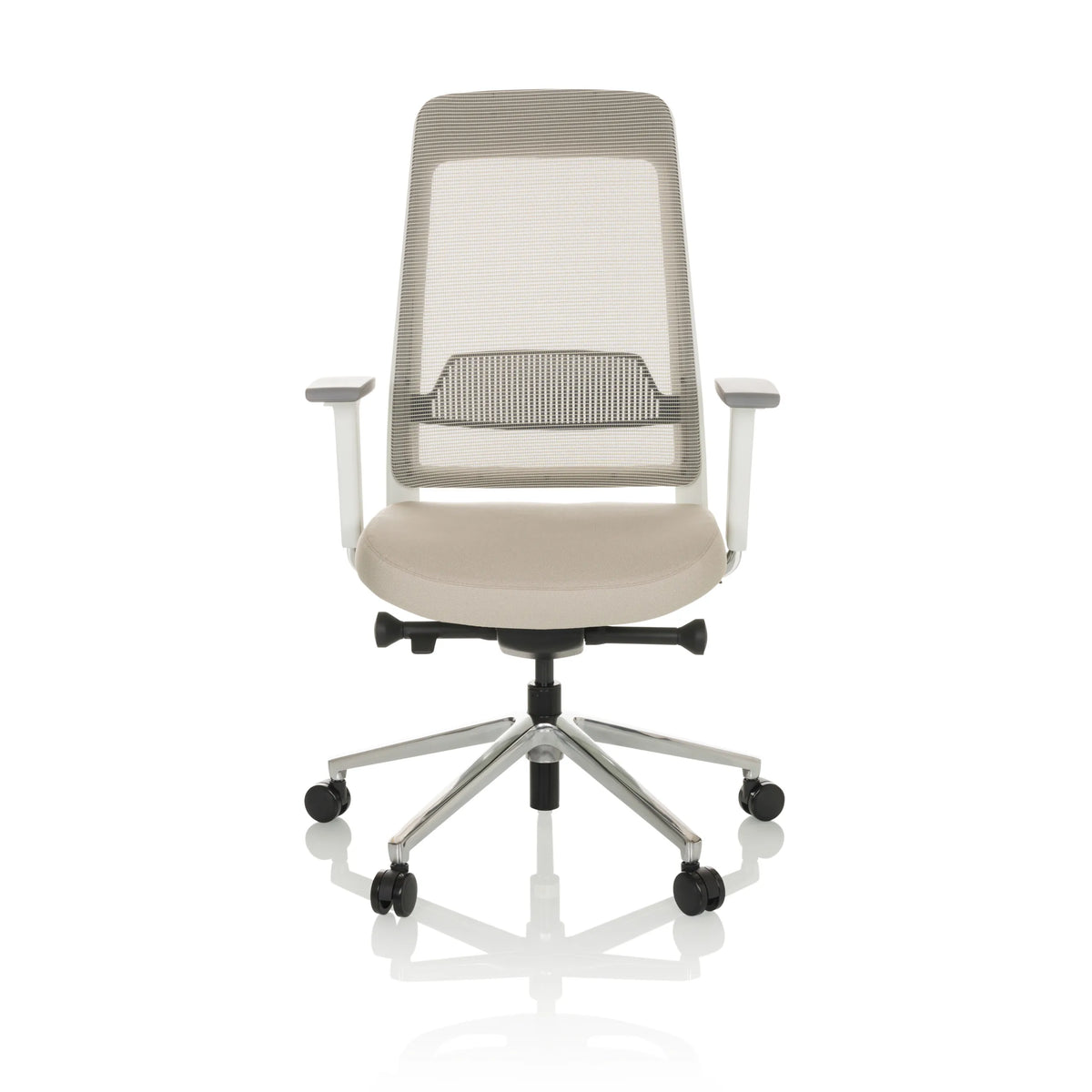 Beige Professionele bureaustoel CHIARO T2 WHITE met netrug en zilveren kruisvoet met vijf wieltjes van hjh OFFICE – 360-gradenweergave (vooraanzicht 0°)