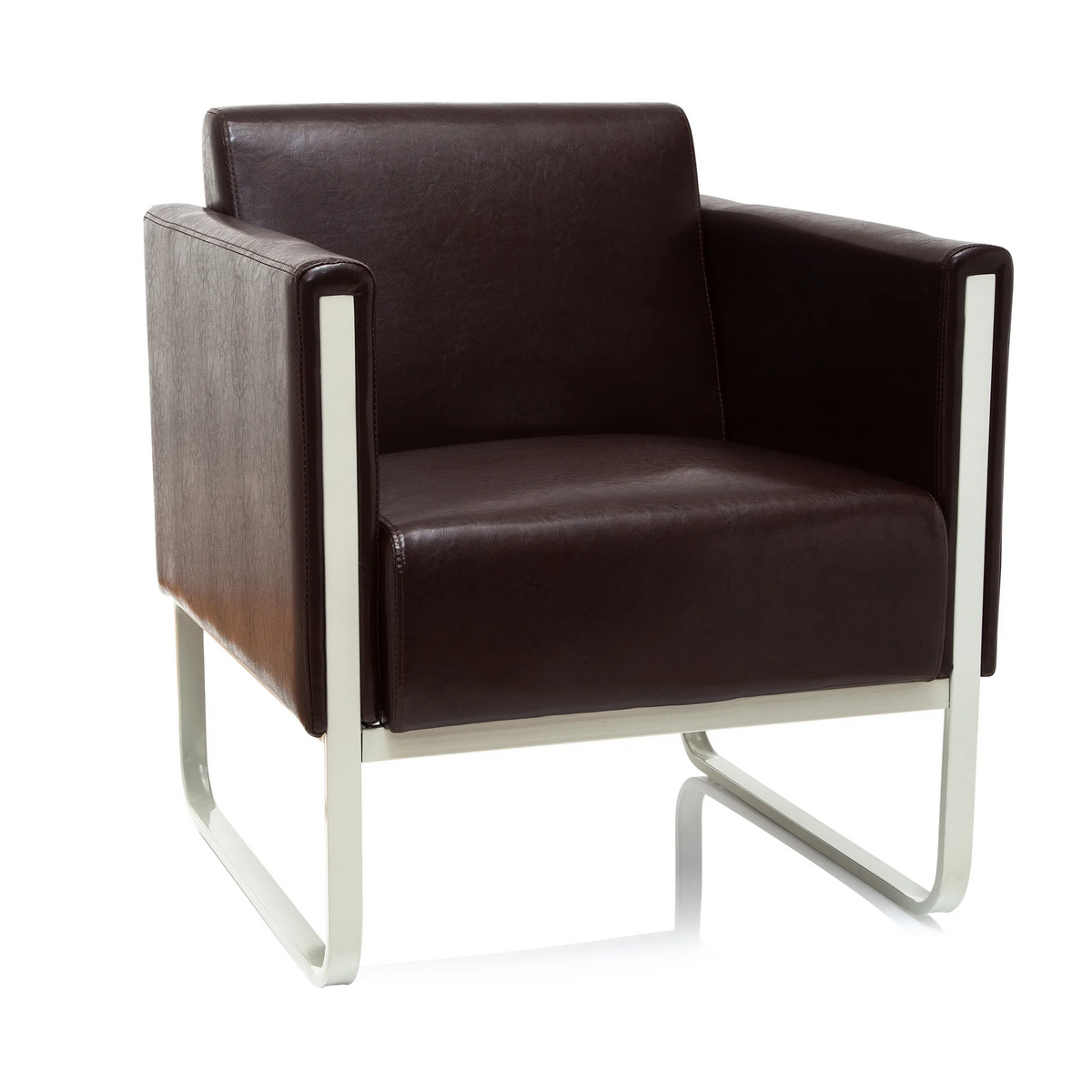 Bruine gestoffeerde fauteuil ARUBA met wit metalen frame van hjh OFFICE – 360-gradenweergave (vooraanzicht 20°)