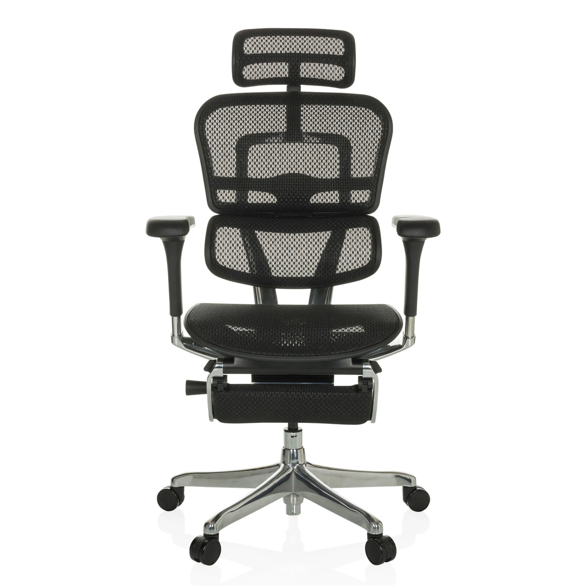 Schwarzer Luxus-Chefsessel ERGOHUMAN PLUS LEGPRO GEN2 mit Netzbespannung und Fußkreuz mit fünf Rollen von hjh OFFICE – 360-Grad-Ansicht (Frontansicht 0°)