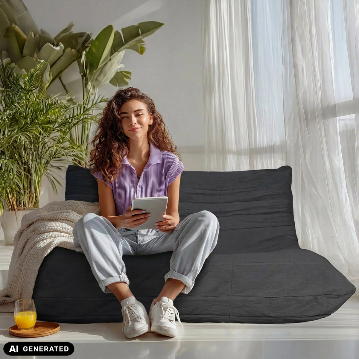 Grijze Sitzolo 2 loungestoel met een zittend persoon van hjh LIVING (AI-gegenereerde afbeelding)