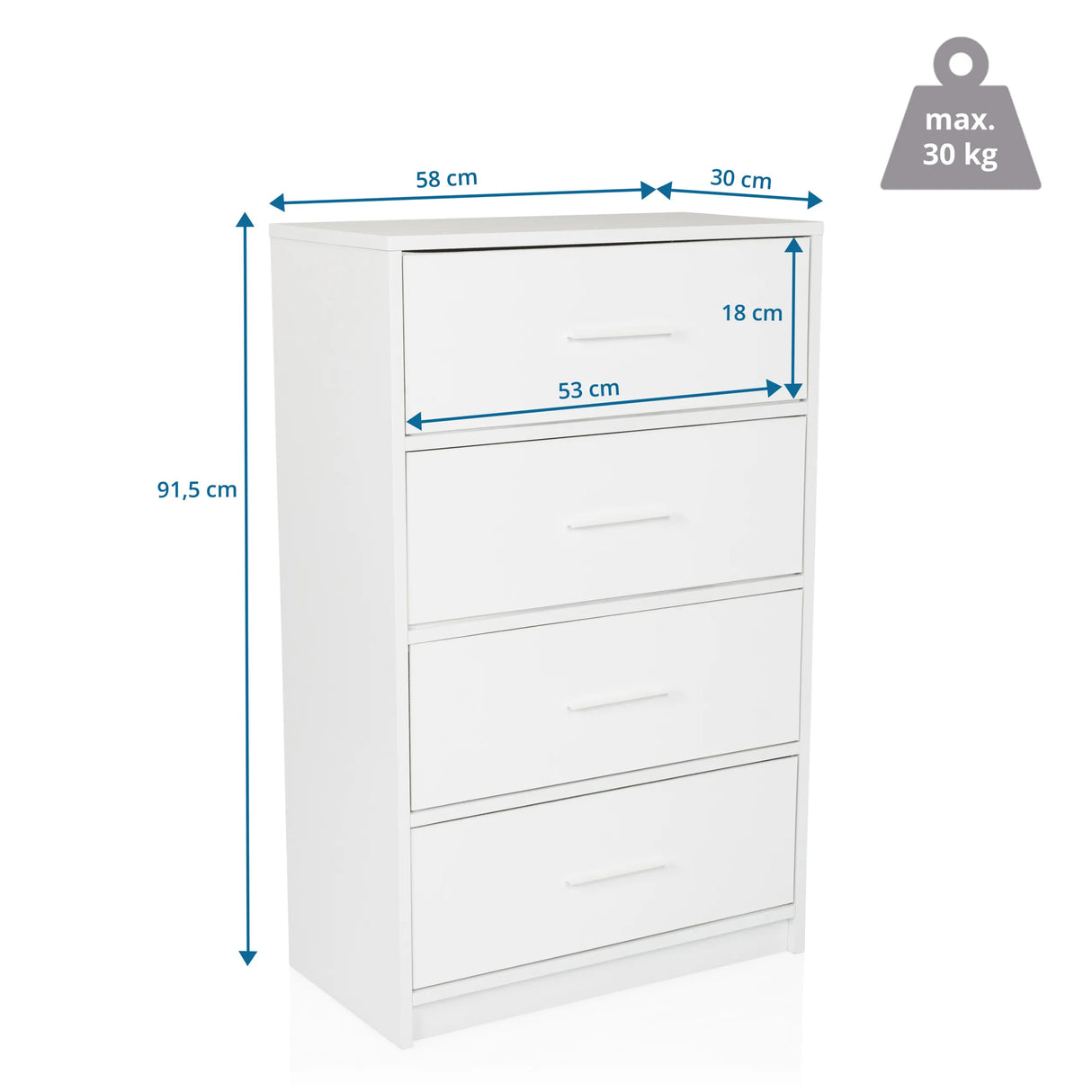 Maattekening van de Commode ESTORIA met een hoogte van 91,5 cm en een breedte van 58 cm van hjh LIVING