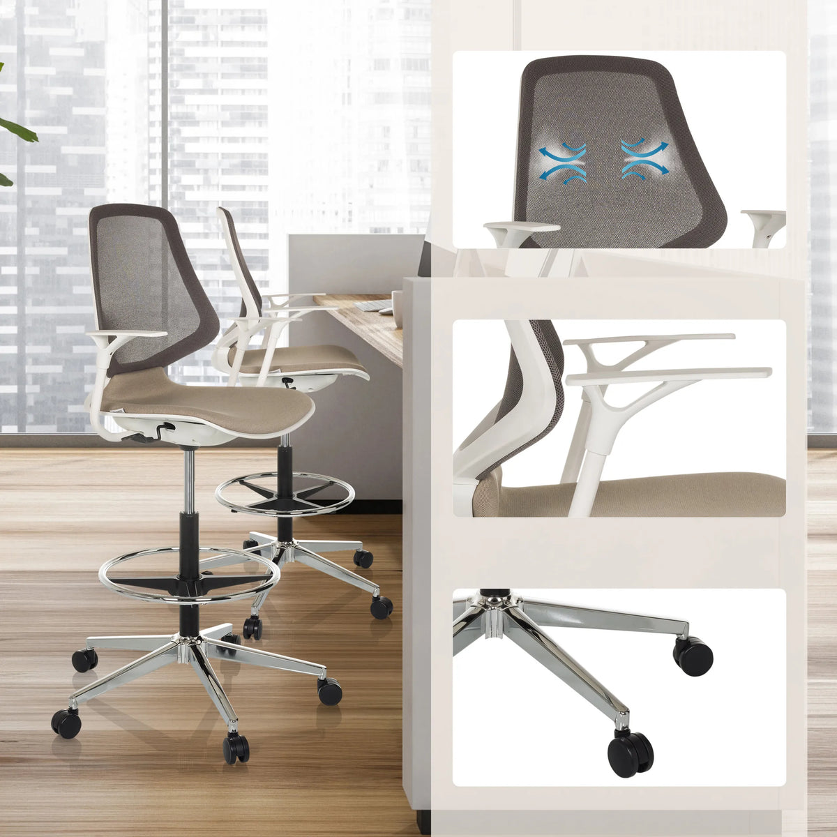 Baliestoel TOP WORK STYLE in beige met netrug, voetring en verchroomd kruisvoet met wieltjes van hjh OFFICE