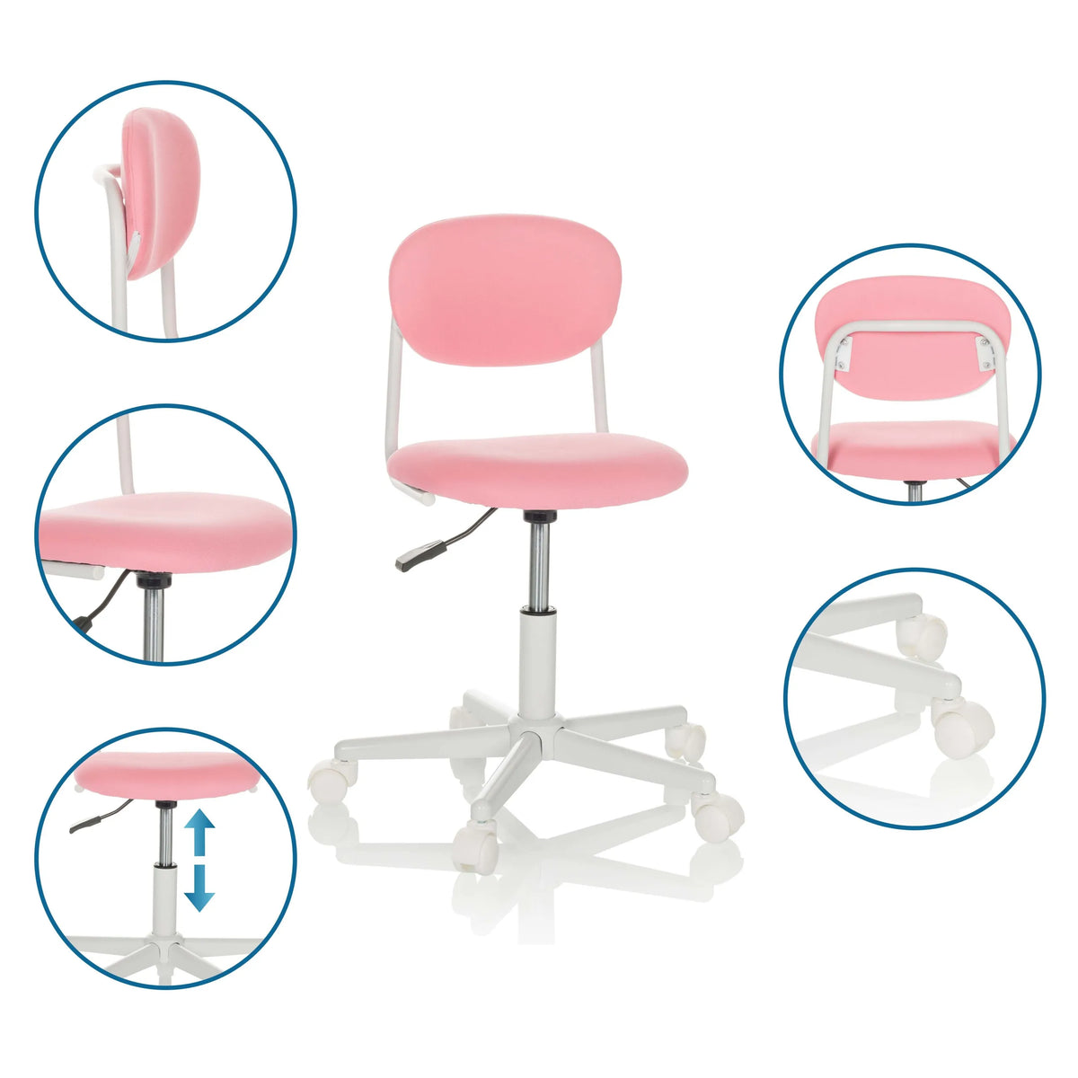 Roze Kinder bureaustoel KIDDY BASE I met detailopnamen van de hoogteverstelling en de zwenkwielen van hjh OFFICE