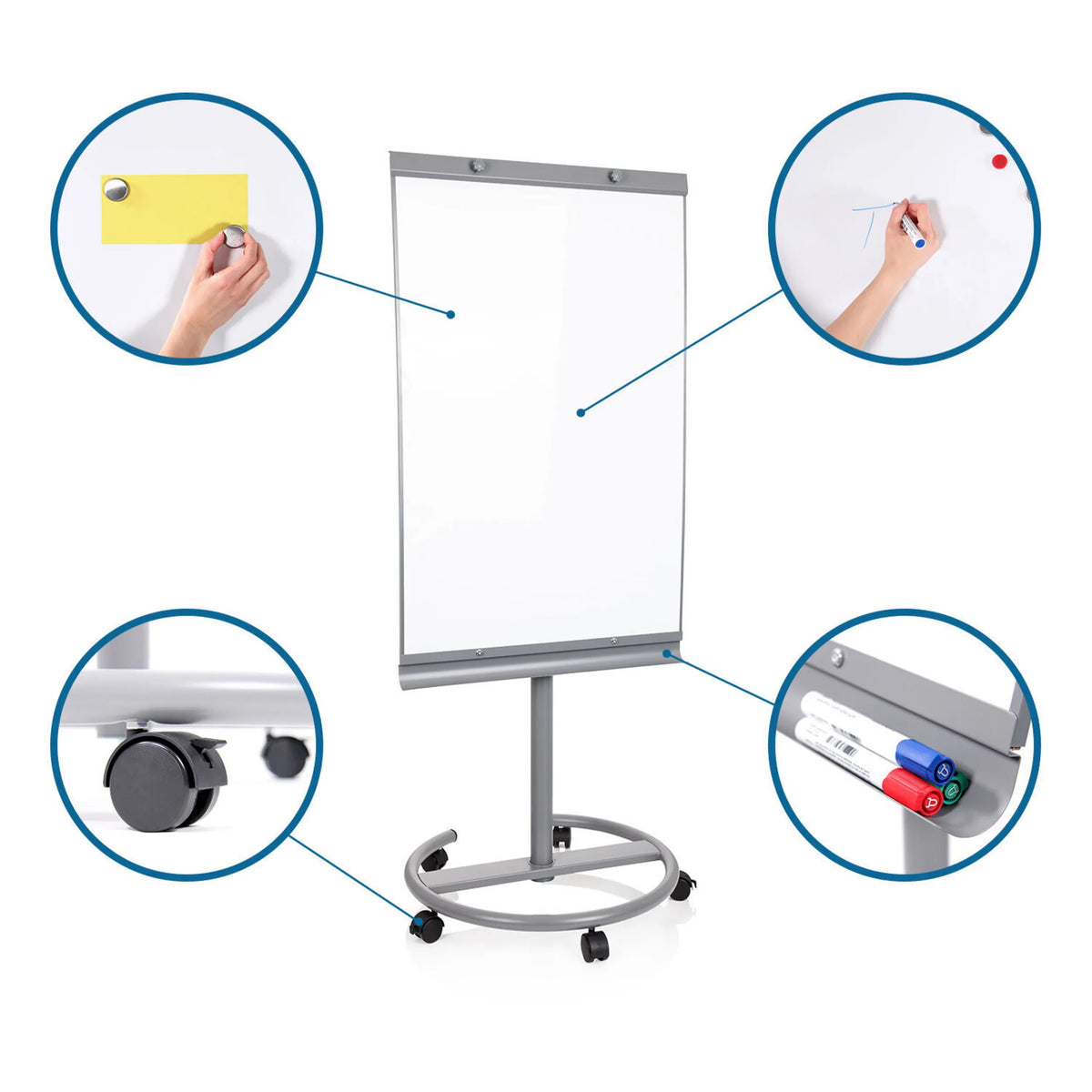 Zilverkleurig whiteboard MULTIBOARD met zwenkwielen, markerbakje en een wit schrijfoppervlak van hjh OFFICE