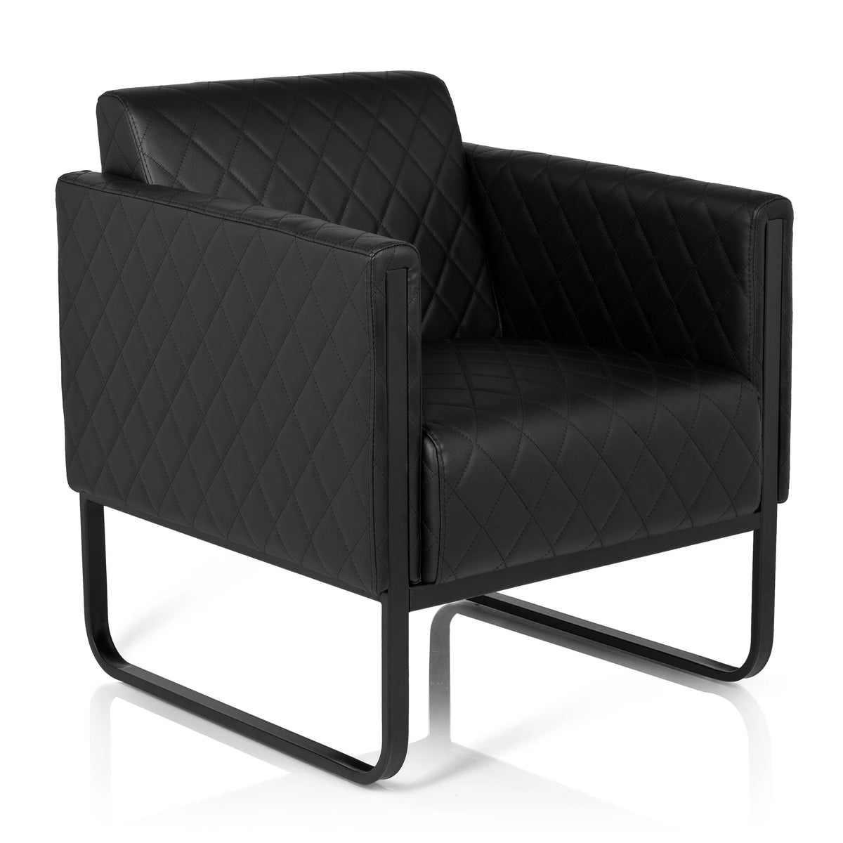Zwarte gestoffeerde fauteuil ARUBA BLACK met ruitstiksel en slee-onderstel van hjh OFFICE – 360-gradenweergave (schuin vooraanzicht 40°)