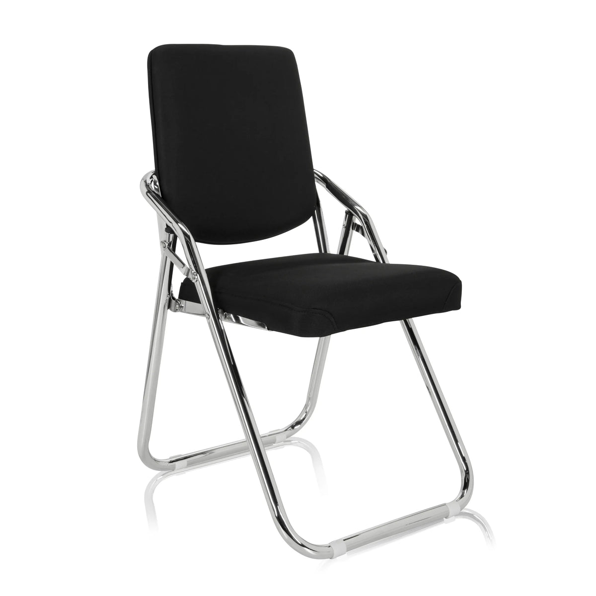 Zwarte Klapstoel ESTO met stoffen bekleding en verchroomd frame van hjh OFFICE – 360-gradenweergave (schuin vooraanzicht 40°)