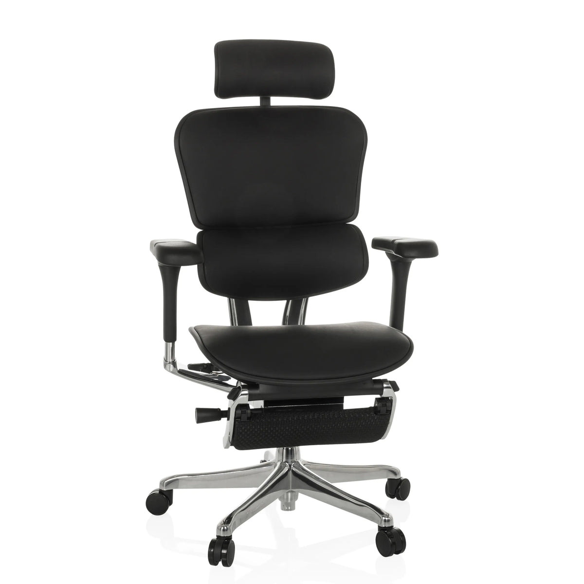 Zwarte Luxe directiestoel ERGOHUMAN PLUS LEGPRO GEN2 van leder met voetensteun en vijfpoot met wieltjes van hjh OFFICE – 360-gradenweergave (vooraanzicht 15°)