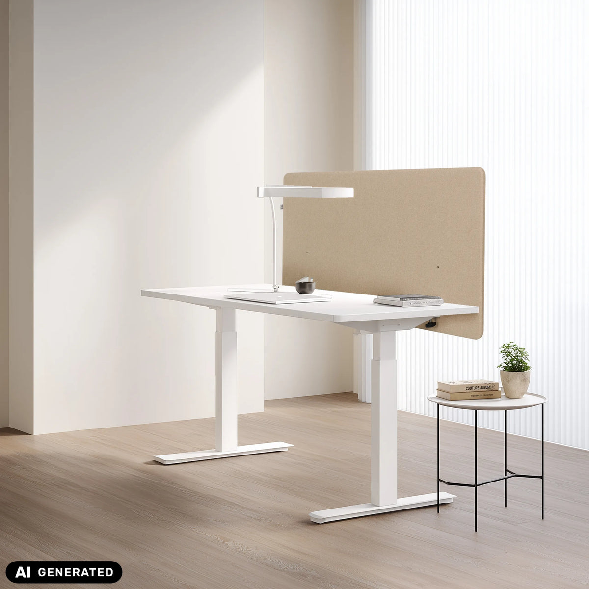 Beige tafelverdeler FLEXMIUT D1 aan een wit bureau van hjh OFFICE (AI-gegenereerde afbeelding)