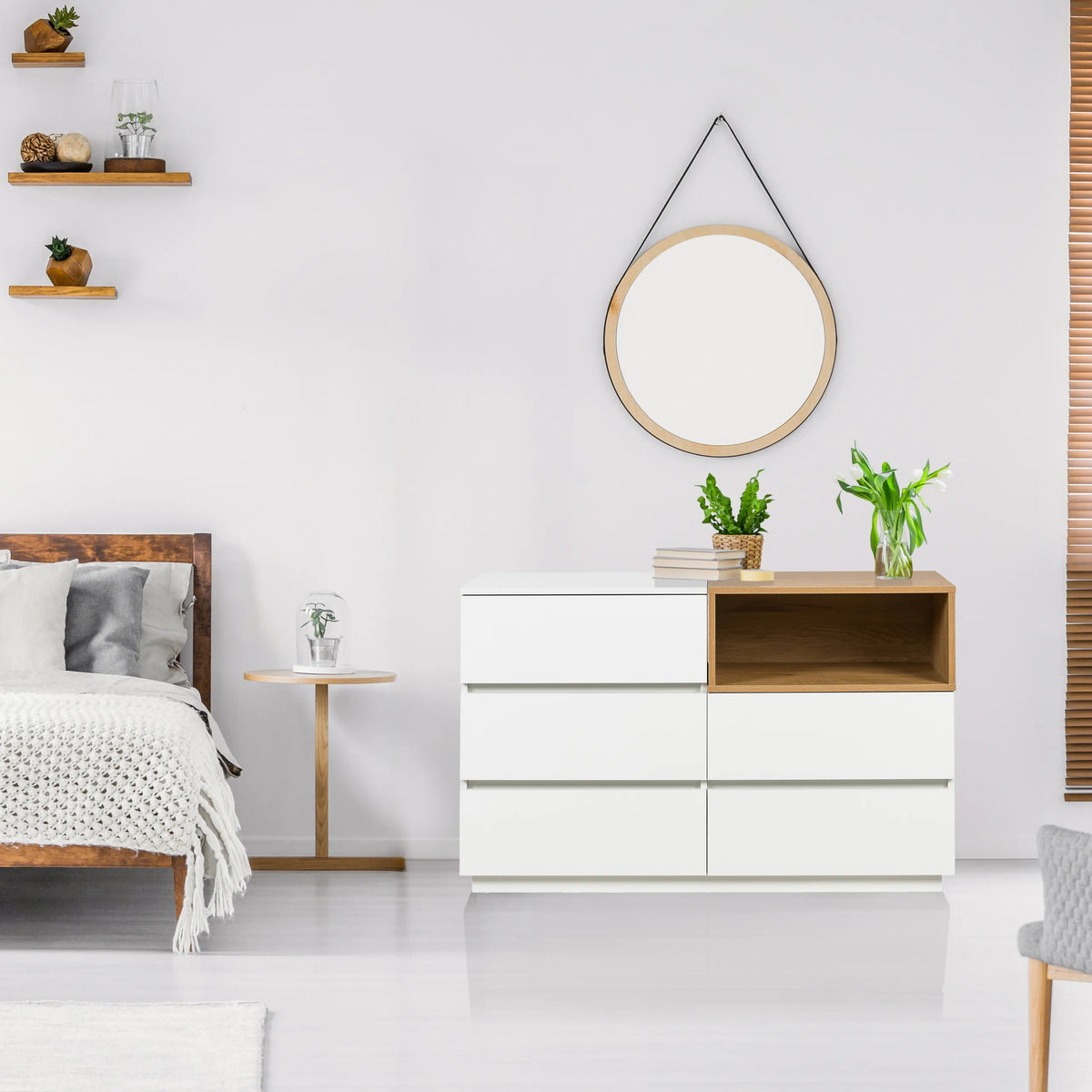 Dressoir MELMO S in wit en eiken met drie laden en een open vak van hjh LIVING