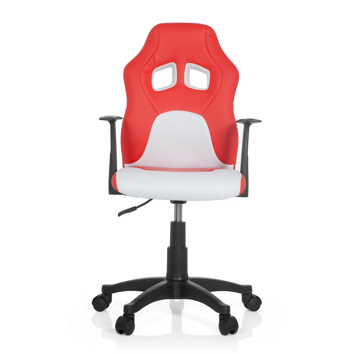 Rood-witte TEEN GAME AL kinder bureaustoel met armleuningen en zwart vijfsterrenvoet met zwenkwielen van hjh OFFICE – 360-gradenweergave (vooraanzicht 0°)