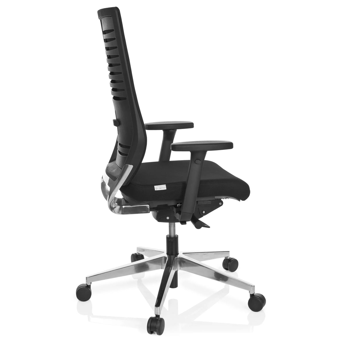 Zwarte Professionele bureaustoel PRO-TEC 700 met armleuningen en glanzend vijfpootkruis met wieltjes van hjh OFFICE – 360-gradenweergave (zijaanzicht 100°)
