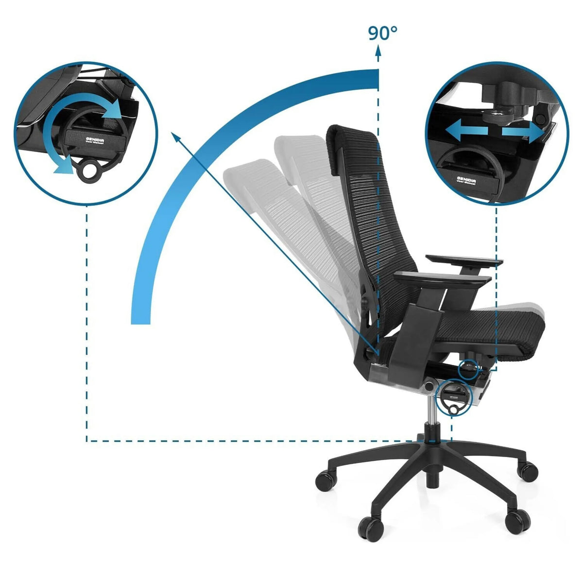 Verstelbare rugleuning met 90 graden kantelhoek van de Professionele bureaustoel GENIDIA SMART BLACK van hjh OFFICE