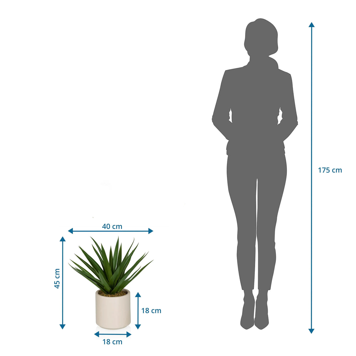 Maattekening van de Kunstplant Agave met 45 cm hoogte en 40 cm breedte van hjh OFFICE