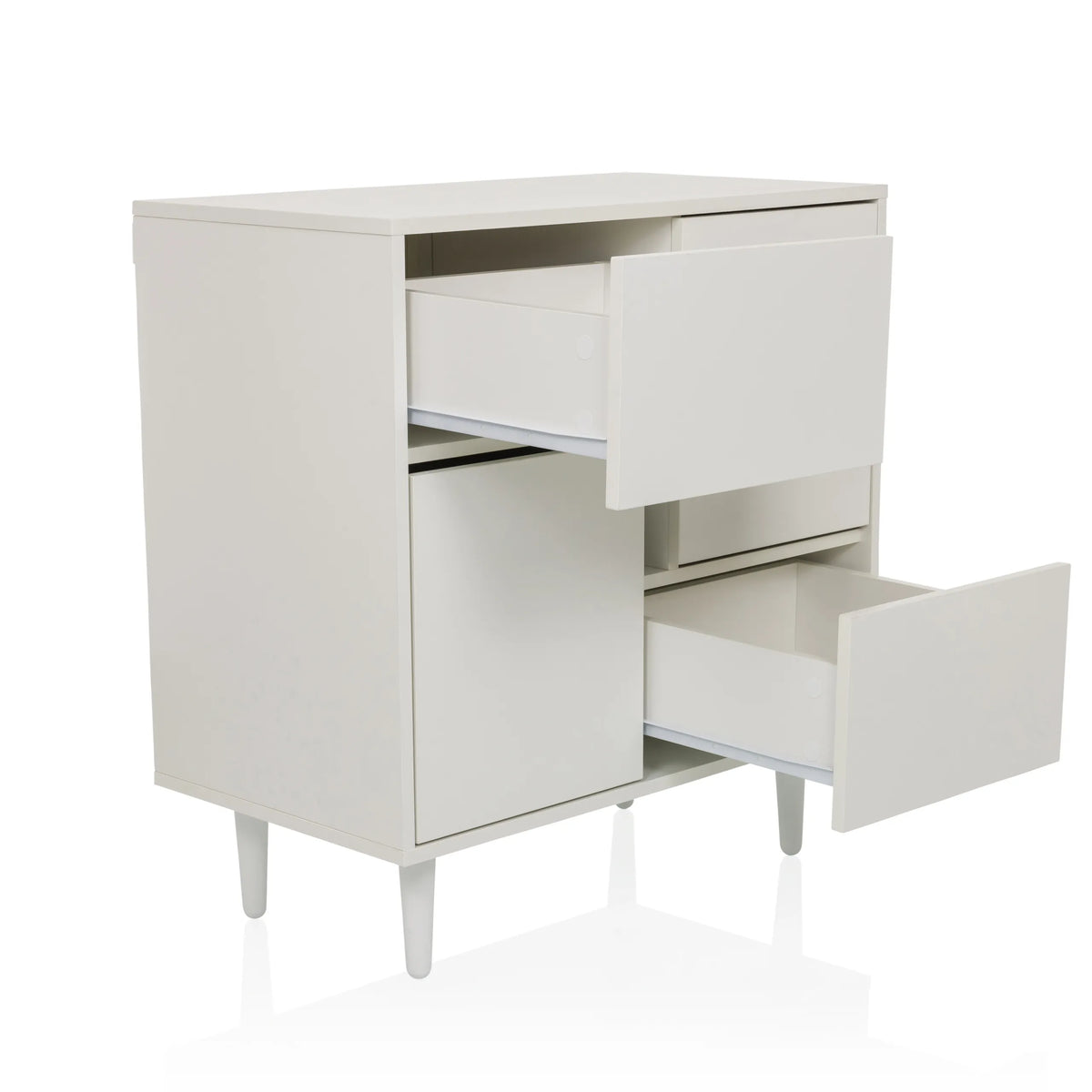 Witte Commode LYKKJA met twee open lades en een deur op taps toelopende poten van hjh LIVING