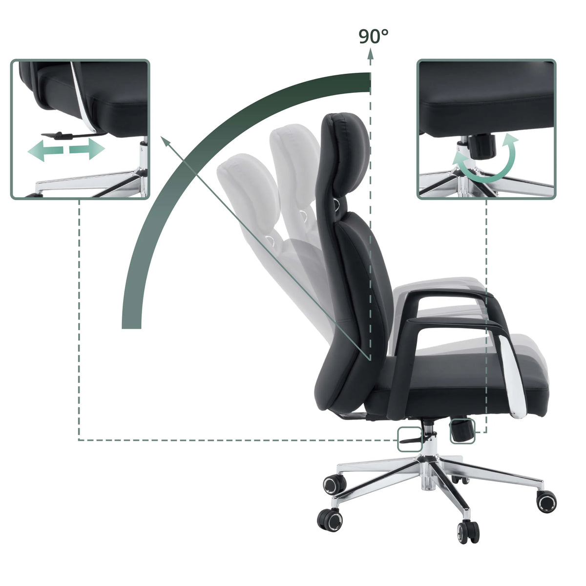 Verstelbare rugleuning met 90 graden neiging van de Professionele directiestoel VELVET ECO van hjh OFFICE