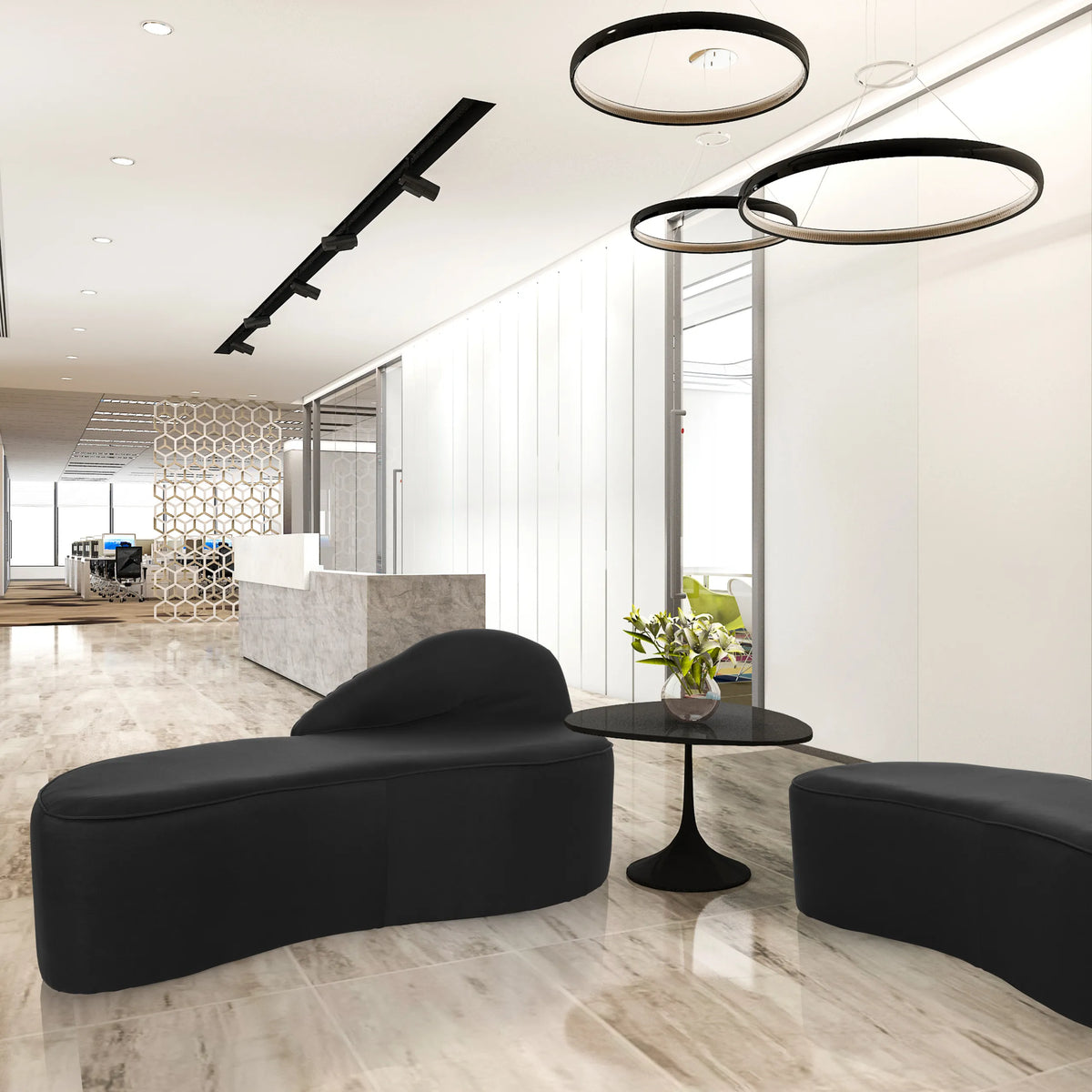 Zwarte loungebank BARACOA in een moderne kantooromgeving met een bijzettafel van hjh OFFICE