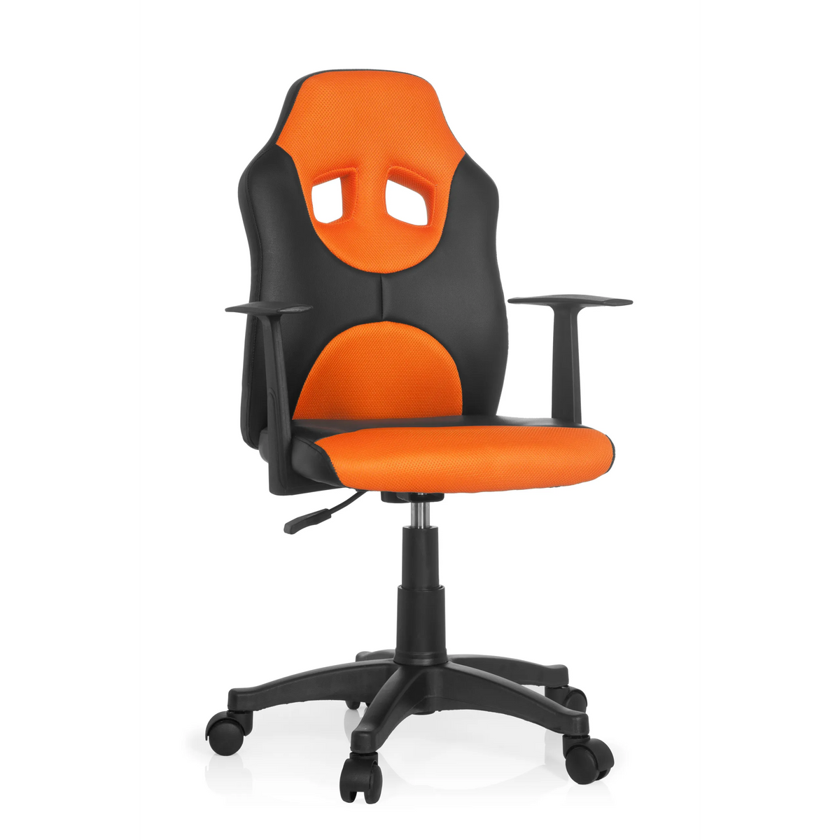 Zwart-oranje Kinder bureaustoel KID GAME AL met netrugleuning en vijfpoot met wieltjes van hjh OFFICE – 360-gradenweergave (vooraanzicht 20°)