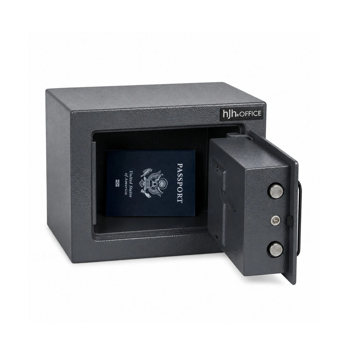 Openstaande kluis Safe Compact Mini in antraciet met daarin een paspoort van hjh OFFICE