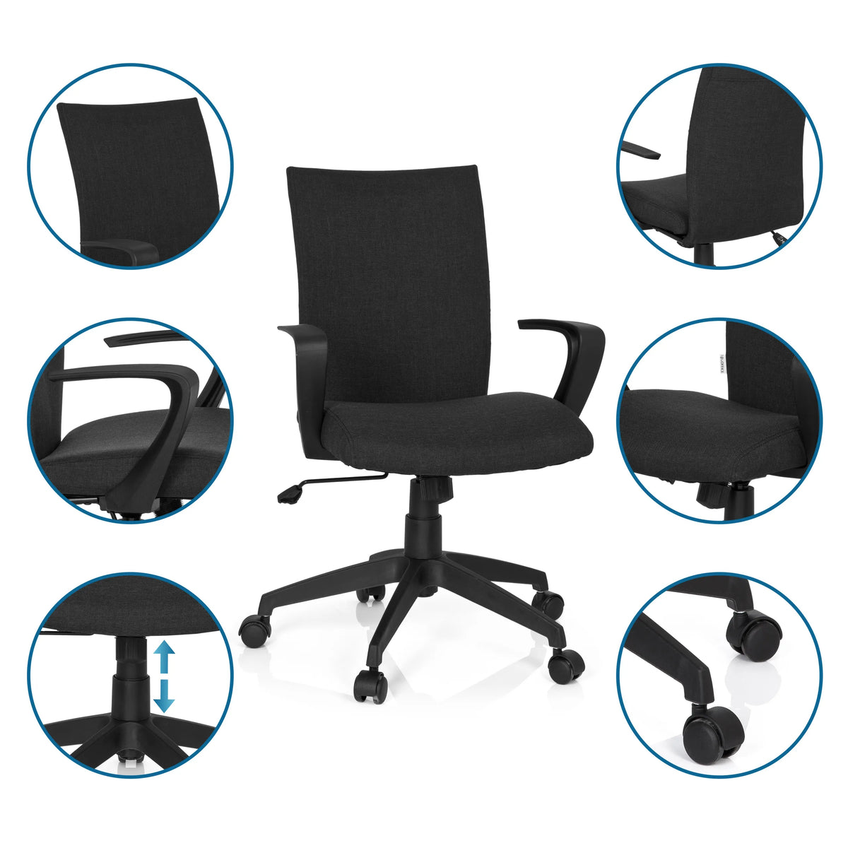 Thuisgebruik bureaustoel SOFT in het zwart met detailopnamen van armleuning, gasveer en wieltjes van hjh OFFICE
