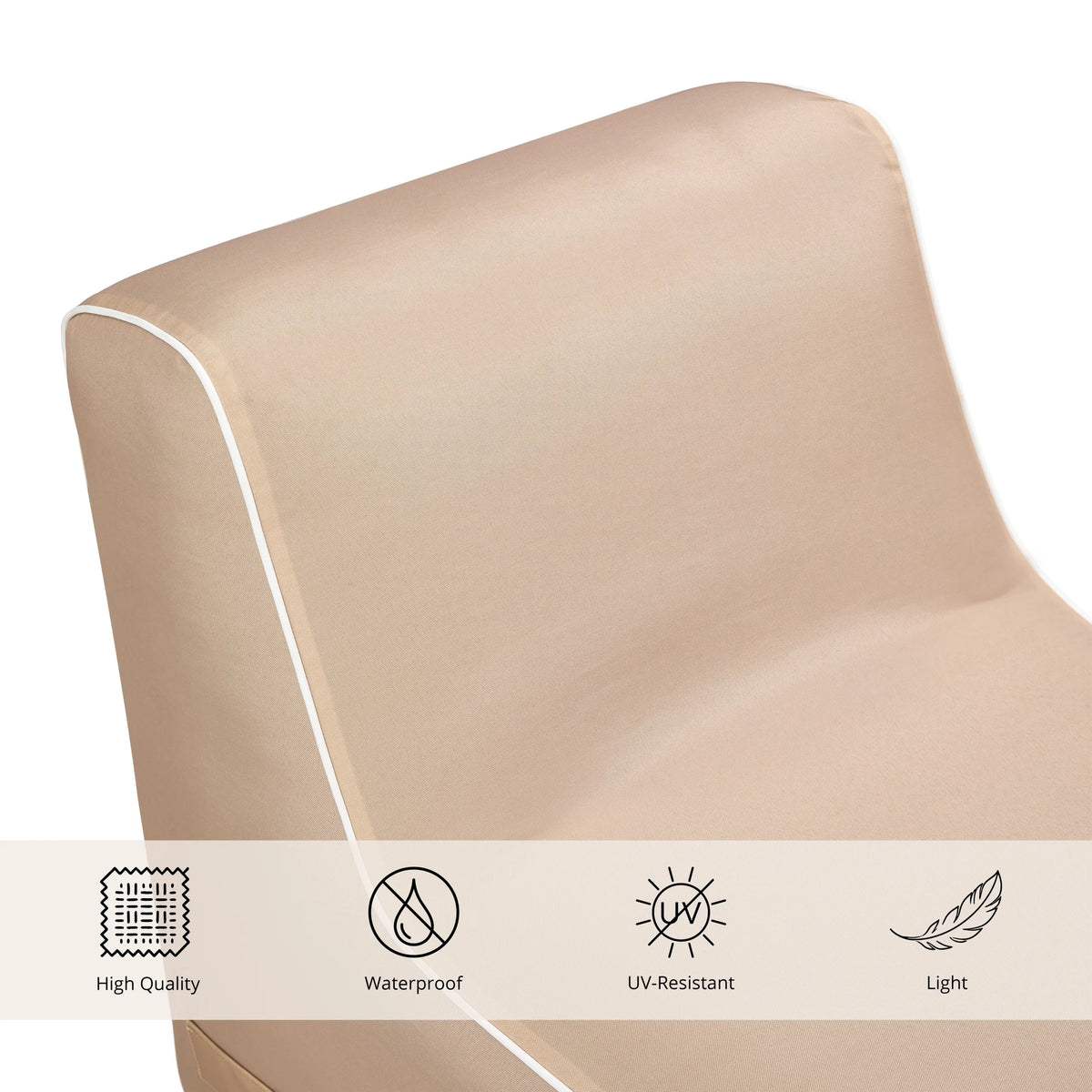 Beige materiaaldetail van de Luchtbank Sitzolo Air met symbolen voor waterbestendigheid en uv-bestendigheid van hjh LIVING