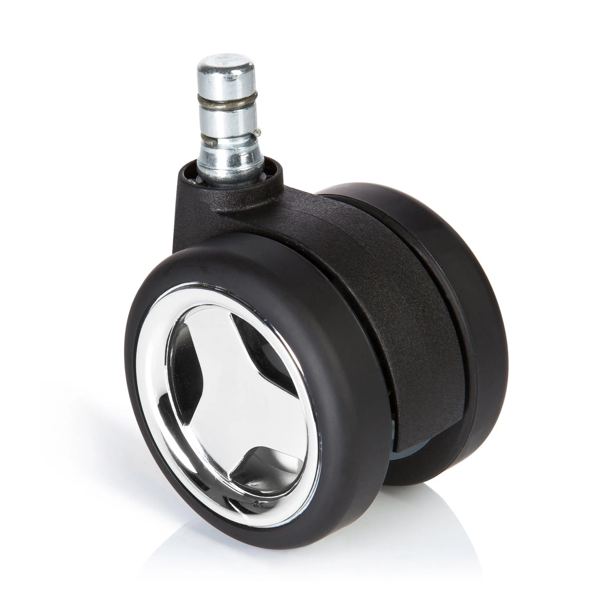 Zwarte 5x ROLO GAME No-Noise 11mm/60mm bureaustoelwielen voor harde vloeren met chroomdetails van hjh OFFICE – 360-gradenweergave (vooraanzicht 0°)