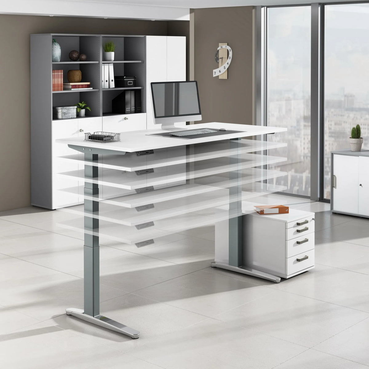 Elektrisch höhenverstellbarer Schreibtisch XBHM 16 GG in Asteiche mit weißer Tischplatte von hjh OFFICE PRO