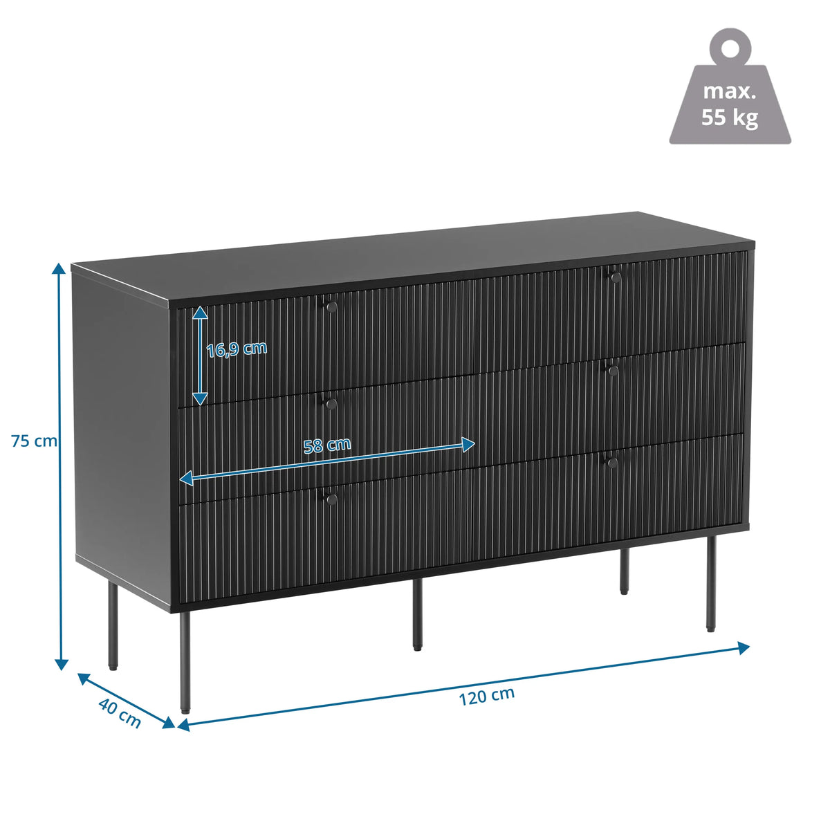 Maattekening van het Dressoir KARBY S met 120 × 40 cm van hjh LIVING