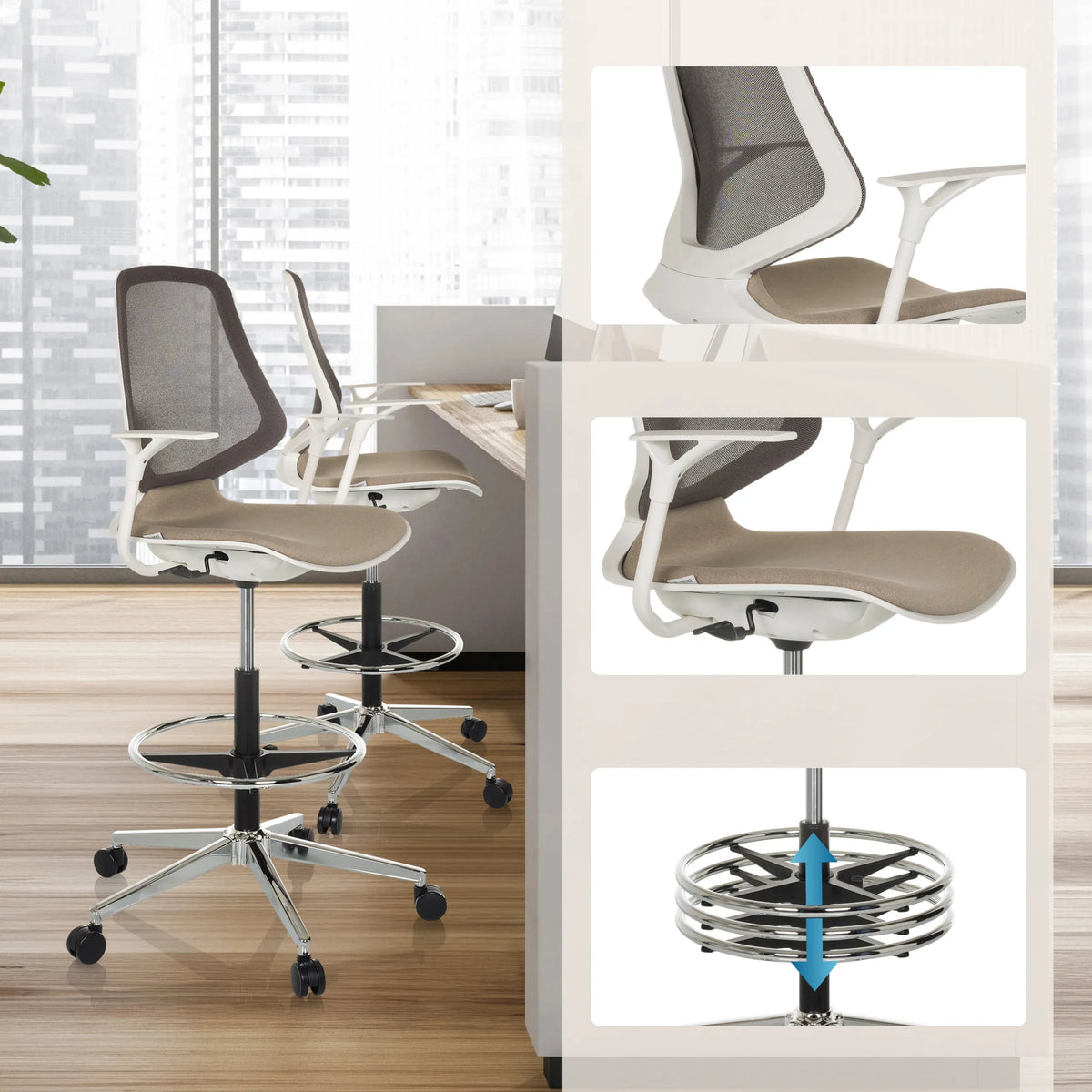 Voetenring en zitting van de TOP WORK STYLE Baliestoel in beige van hjh OFFICE