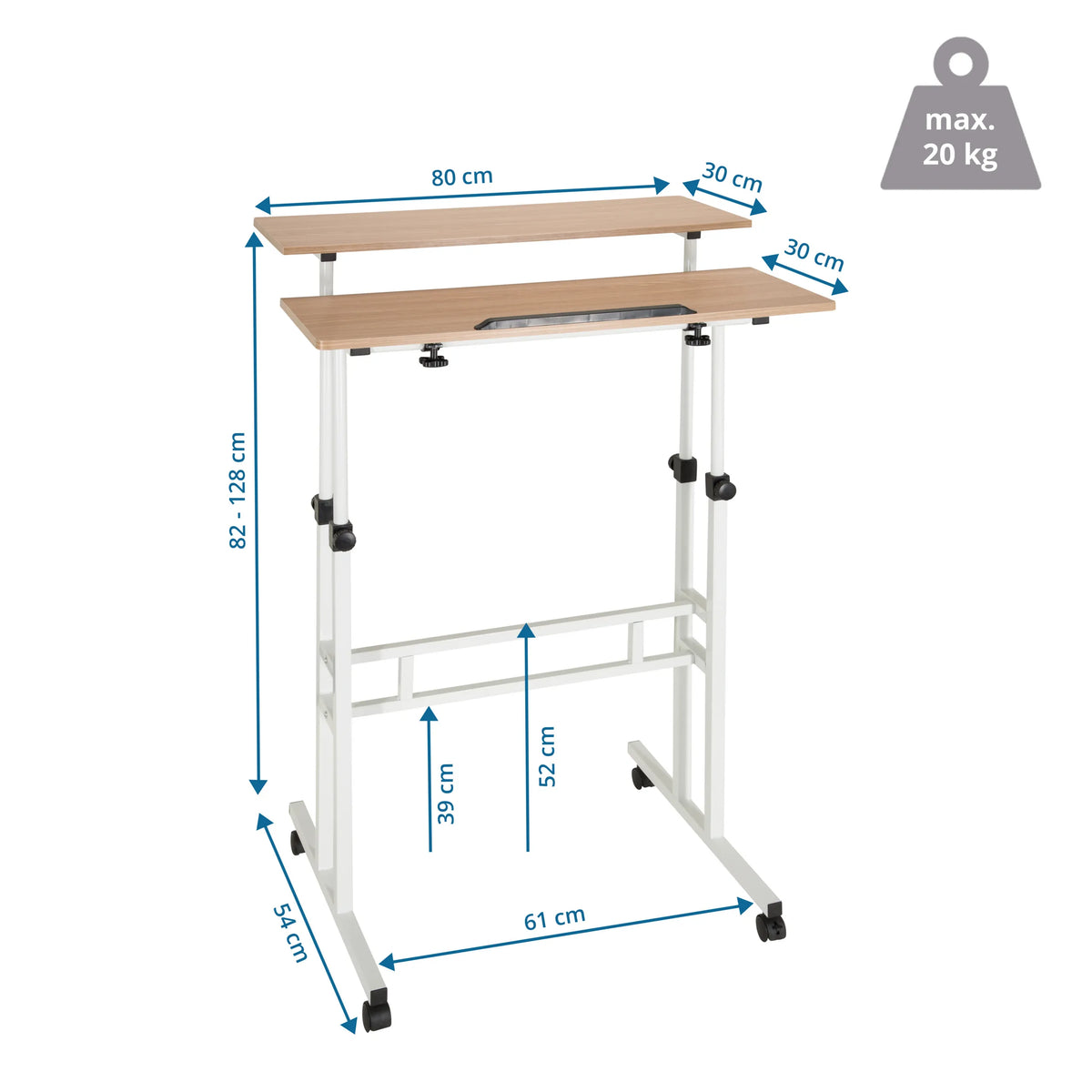 Maattekening van het Zit- Sta bureau WORKSTATION I van 80 × 61 cm met een draagvermogen van 20 kg van hjh OFFICE