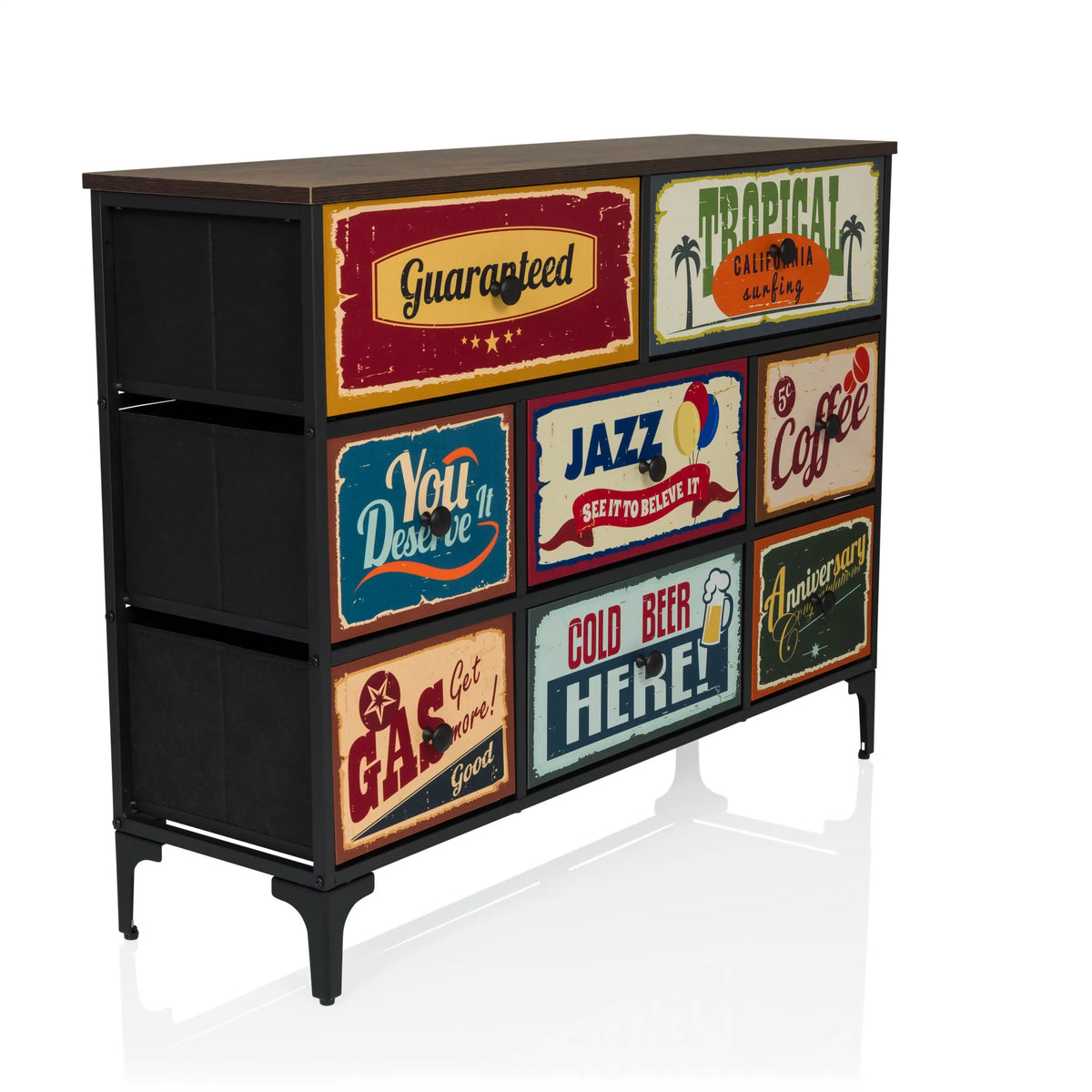 Commode AMERIKO B met zes kleurrijk bedrukte vintage lades en zwarte poten van hjh LIVING – 360-gradenweergave (schuin vooraanzicht 45°)