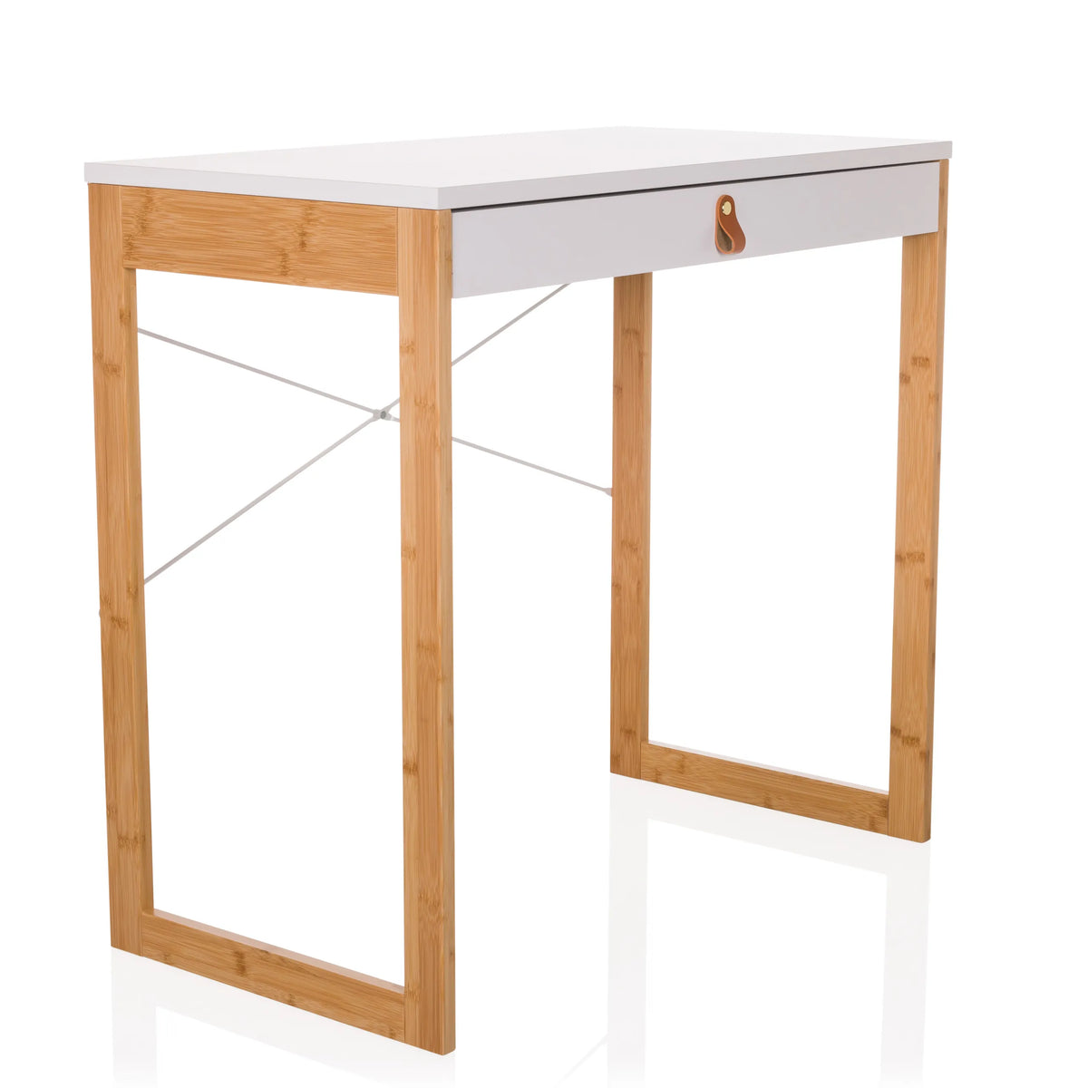 Wit Bureau TAROLO II met één lade, bruine lederen handgreep en houten poten van hjh LIVING – 360-gradenweergave (schuin vooraanzicht 45°)