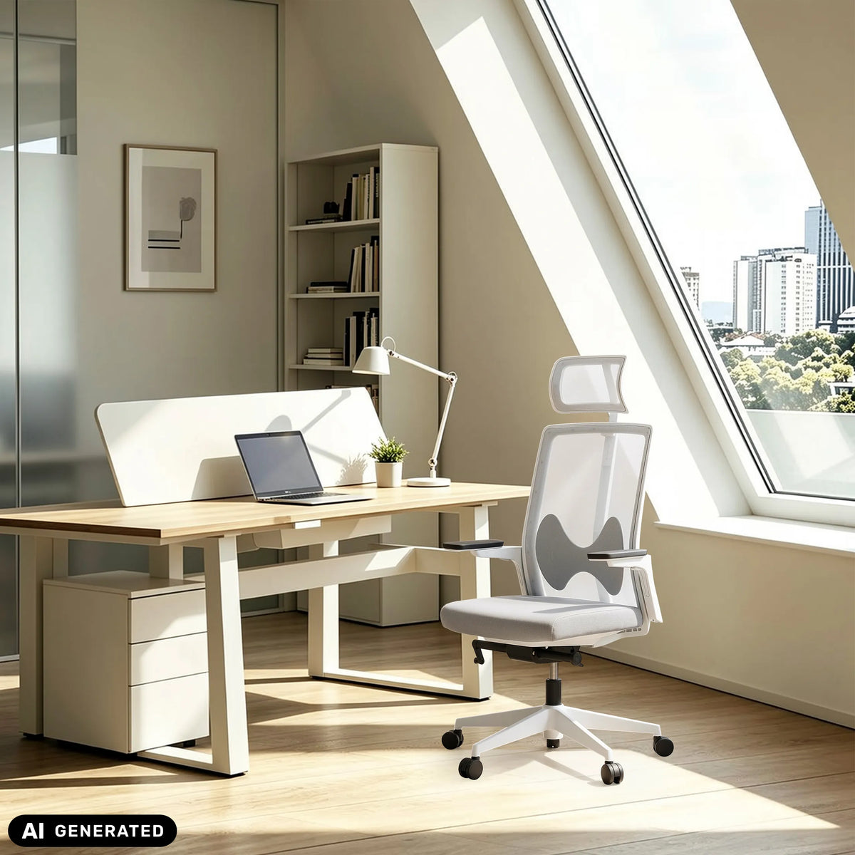 Twee grijze professionele bureaustoelen ARCEO W aan witte bureaus in een kantoor van hjh OFFICE