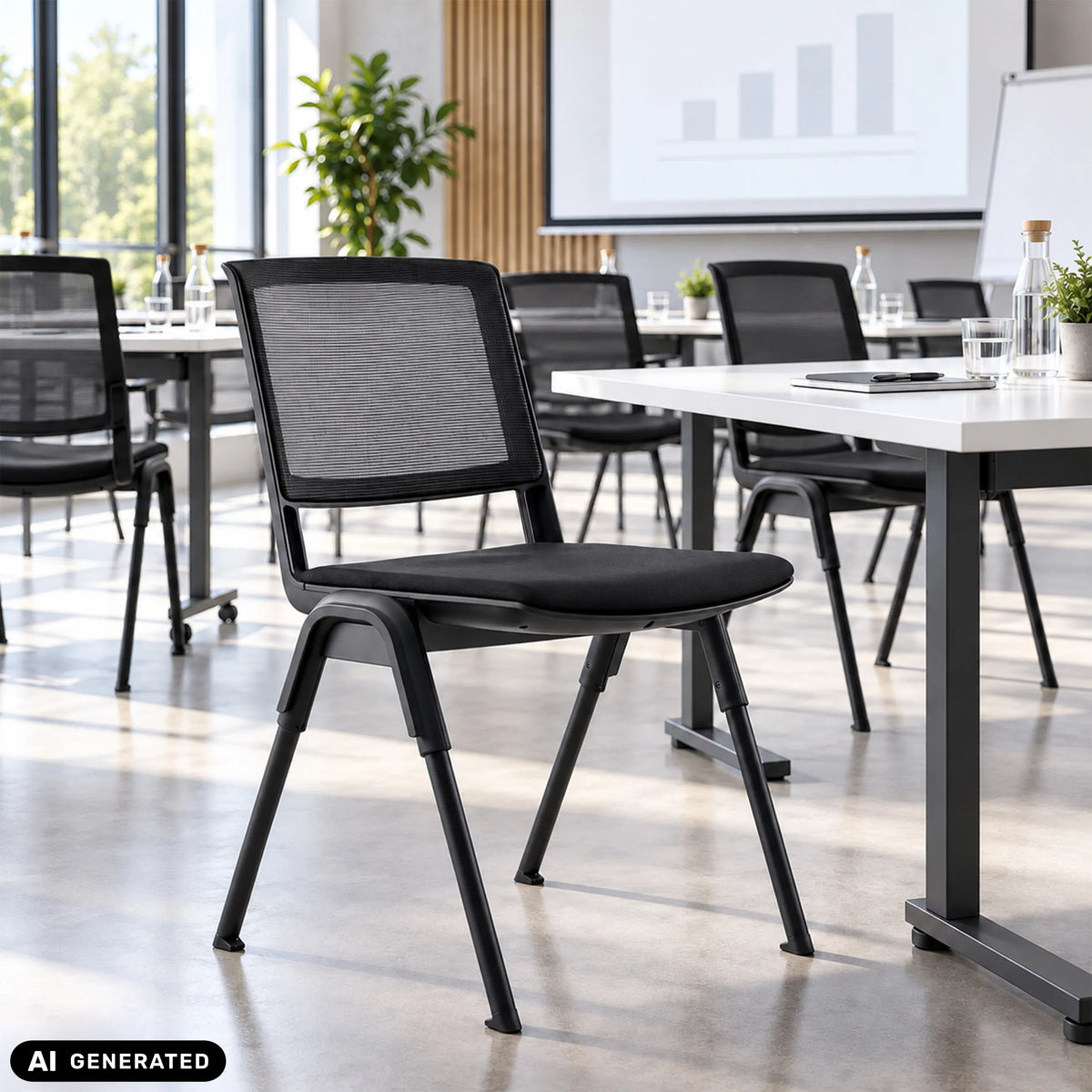 Bezoekersstoel MEET WA in zwart met netrugleuning in een vergaderruimte van hjh OFFICE (AI-gegenereerde afbeelding)