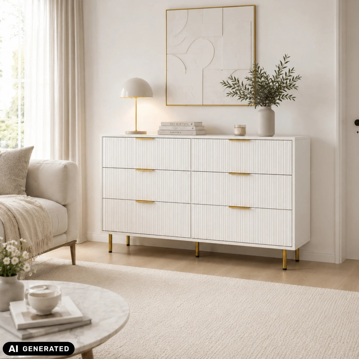 Weißes Sideboard HJELLE mit sechs Schubladen, goldfarbenen Griffen und schmalen Beinen von hjh LIVING