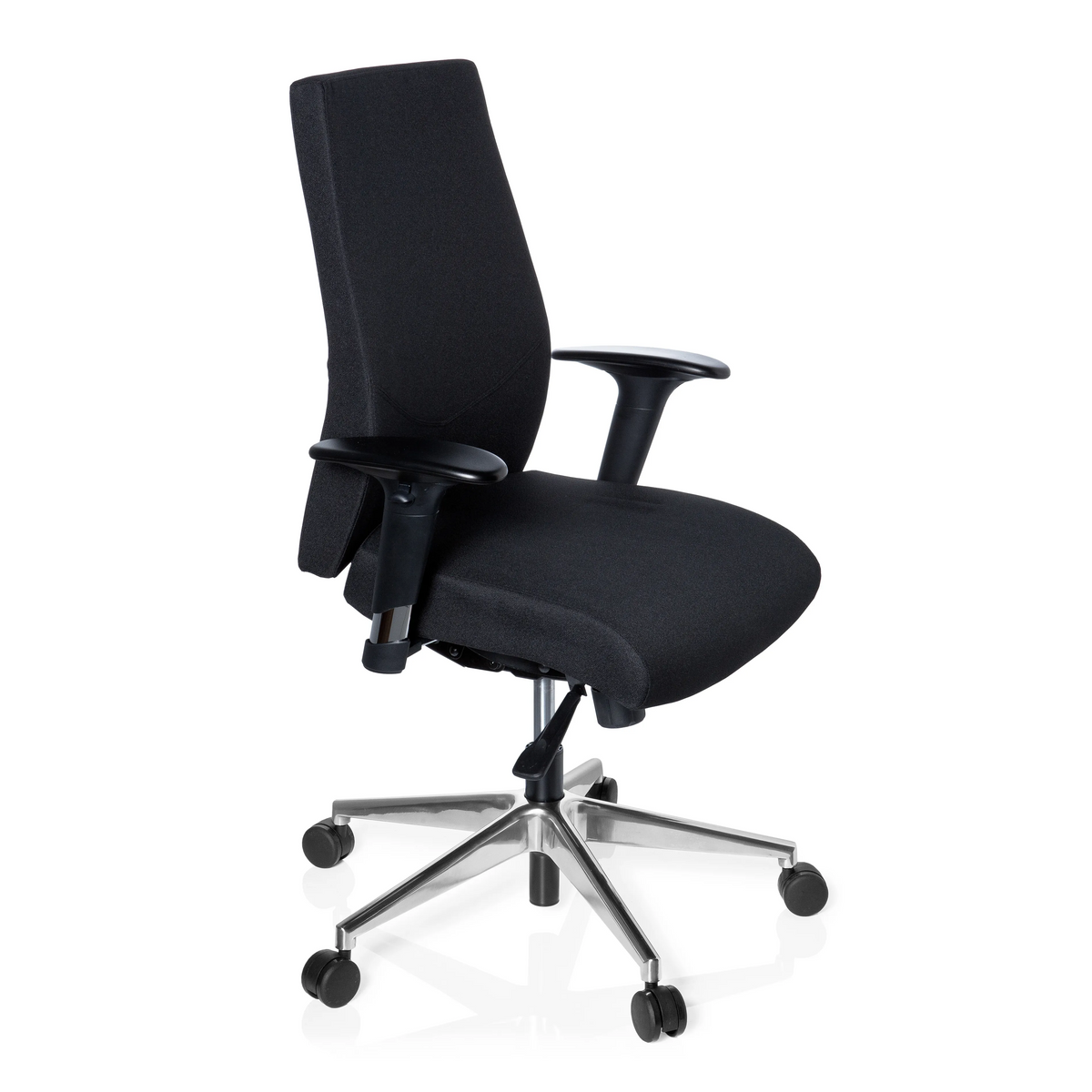 Schwarzer Profi-Bürostuhl PRO-TEC 250 mit Armlehnen und Fußkreuz mit fünf Rollen von hjh OFFICE – 360-Grad-Ansicht (schräge Frontansicht 60°)