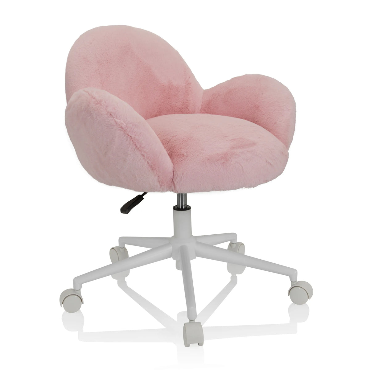 Roze Kinder bureaustoel KID TEDDY met pluche bekleding en wit vijfsterrenonderstel op wieltjes van hjh OFFICE – 360-gradenweergave (schuin vooraanzicht 40°)