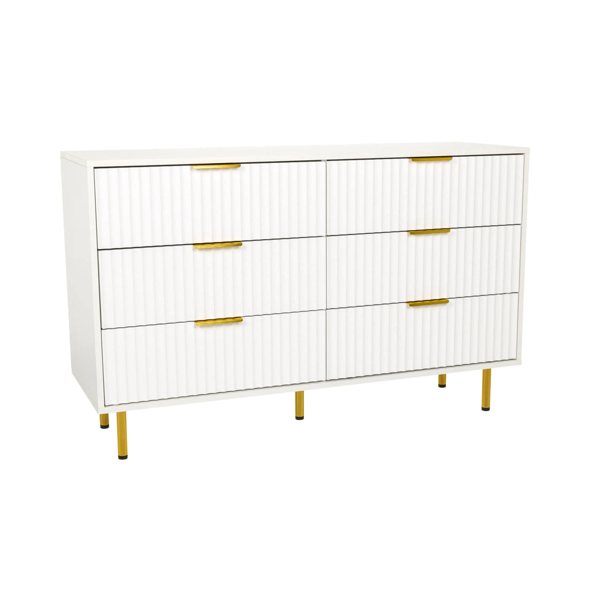 Weißes Sideboard HJELLE mit sechs Schubladen, geriffelten Fronten und goldenen Beinen von hjh LIVING – 360-Grad-Ansicht (Frontansicht 15°)