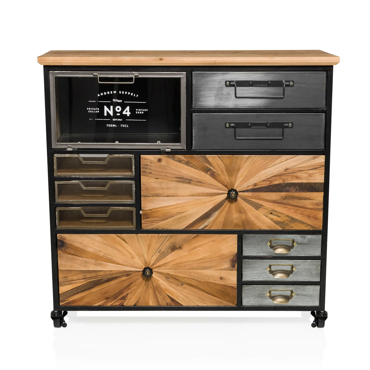 Dressoir CONTINENTO XL van hout en metaal met diverse lades en een glazen front van hjh LIVING